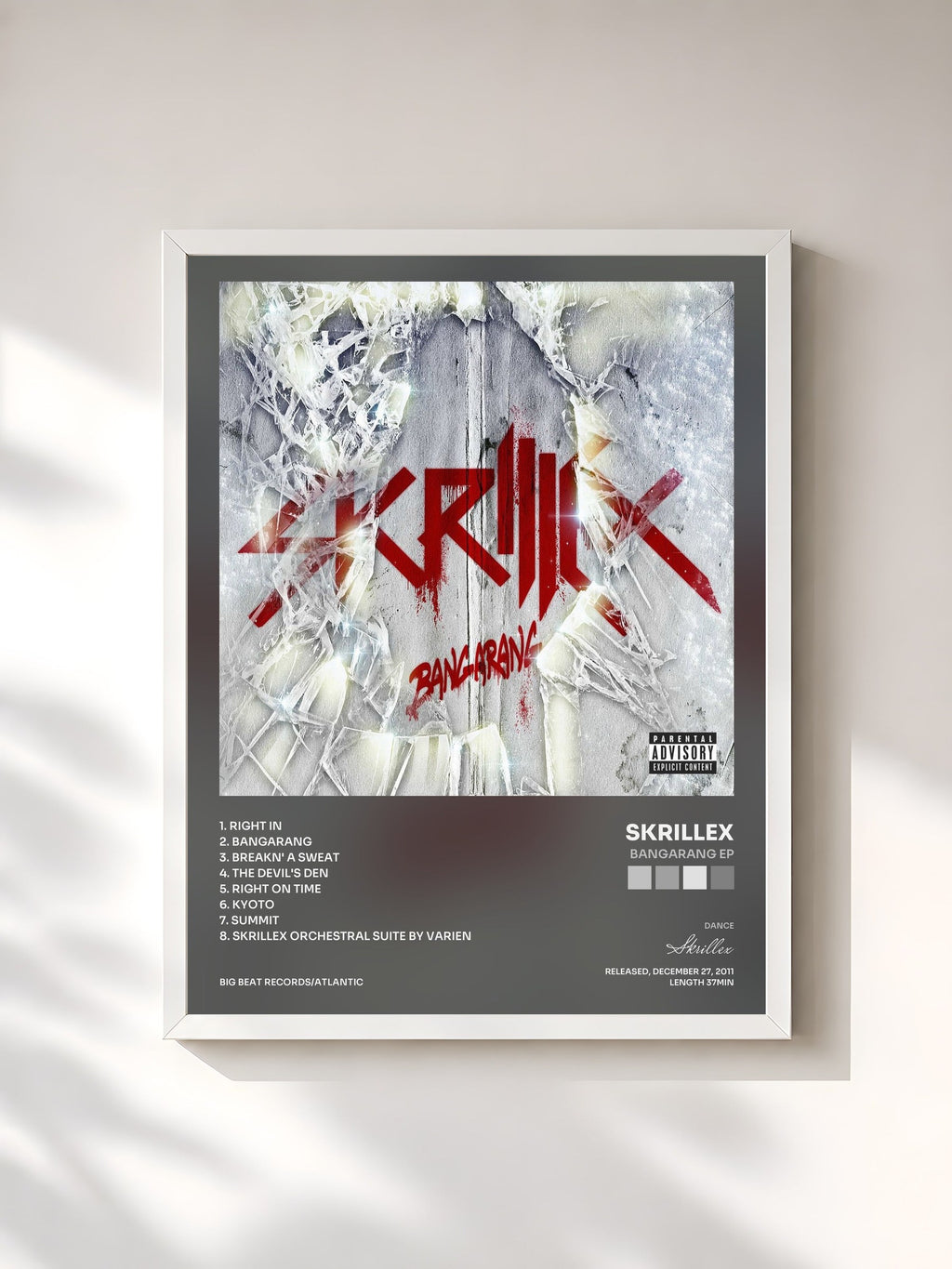 #blanc Tableau de l'album Bangarang EP de Skrillex, cadre blanc, imprimé et encadré en France
