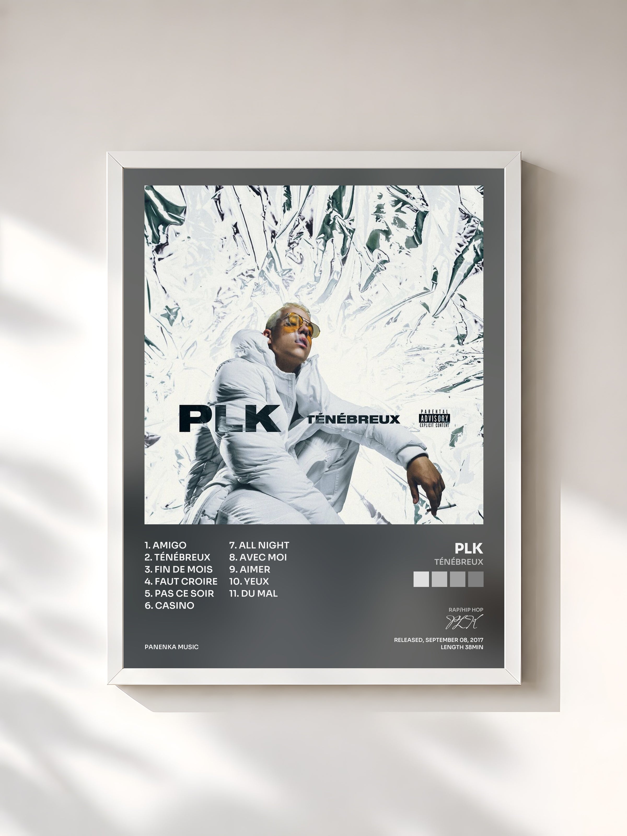 #blanc Tableau de l'album Ténébreux de PLK, cadre blanc, imprimé et encadré en France