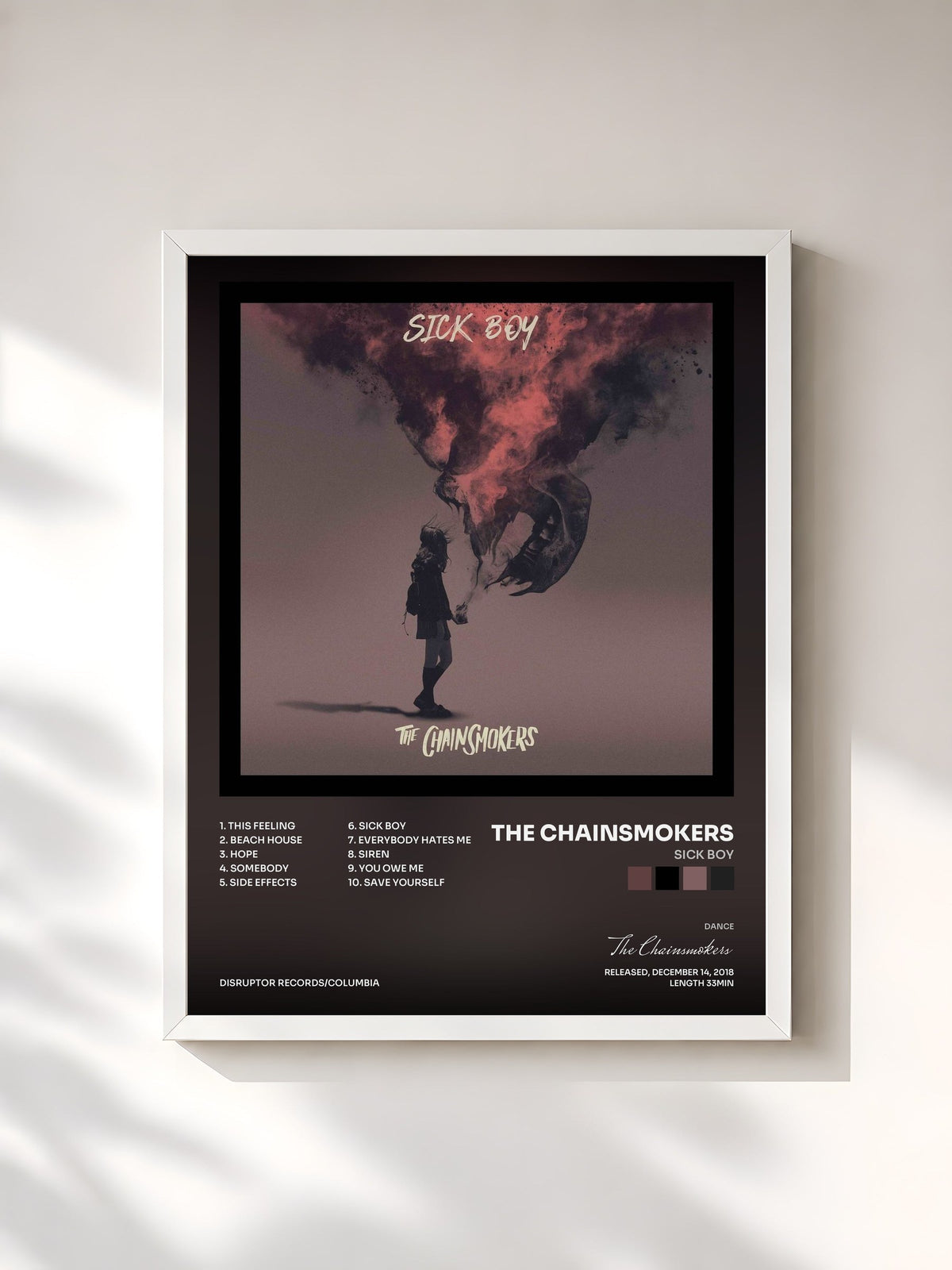 #blanc Tableau de l'album Sick Boy de The Chainsmokers, cadre blanc, imprimé et encadré en France