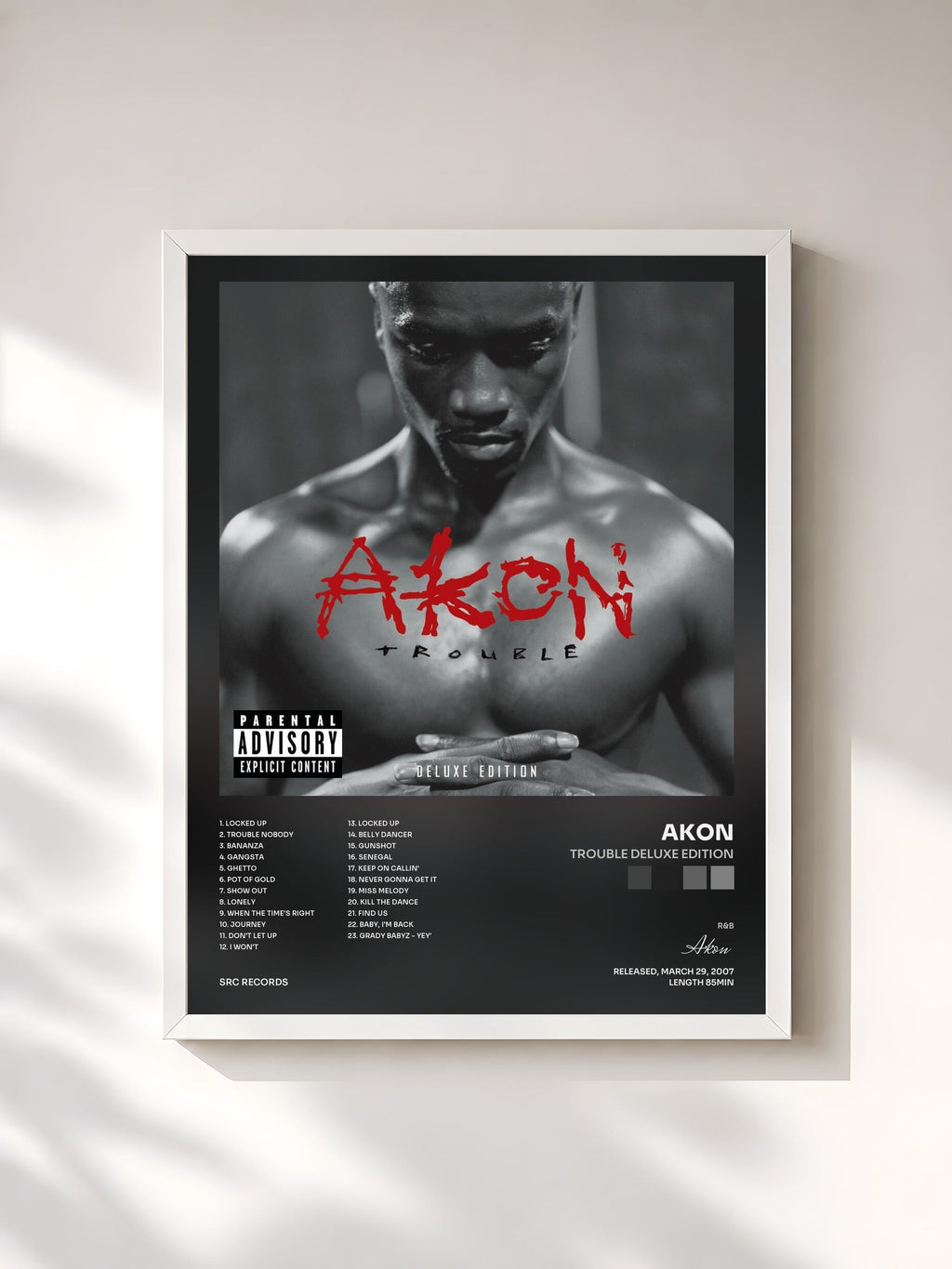 #blanc Trouble Deluxe Edition de Akon en lámina enmarcada, marco blanco, impresa y enmarcada en Francia