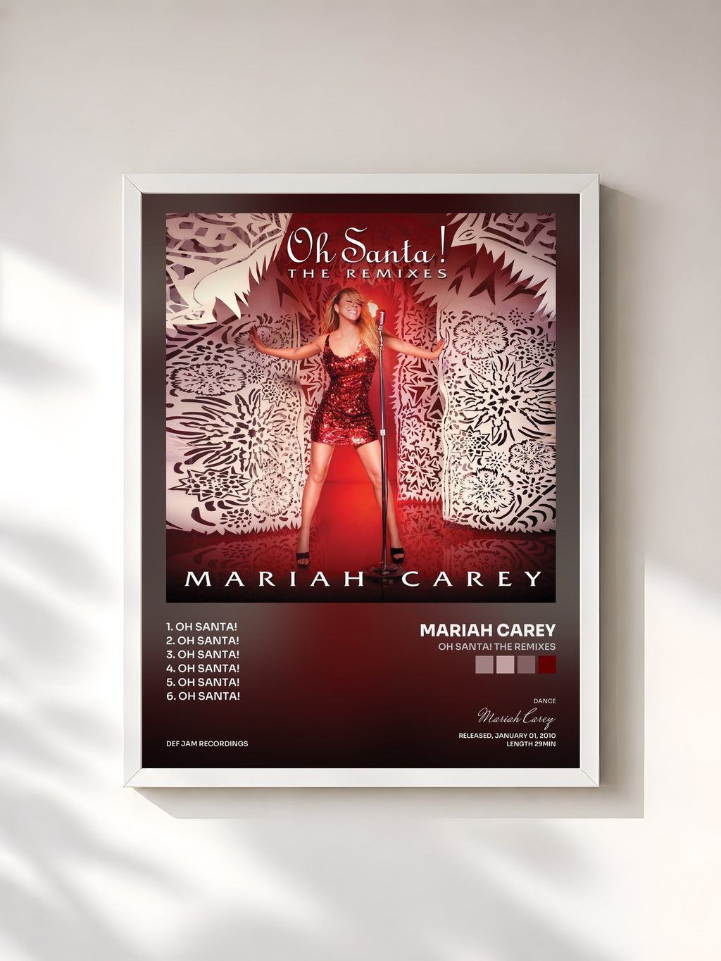 #blanc Tableau de l'album Oh Santa! The Remixes de Mariah Carey, cadre blanc, imprimé et encadré en France