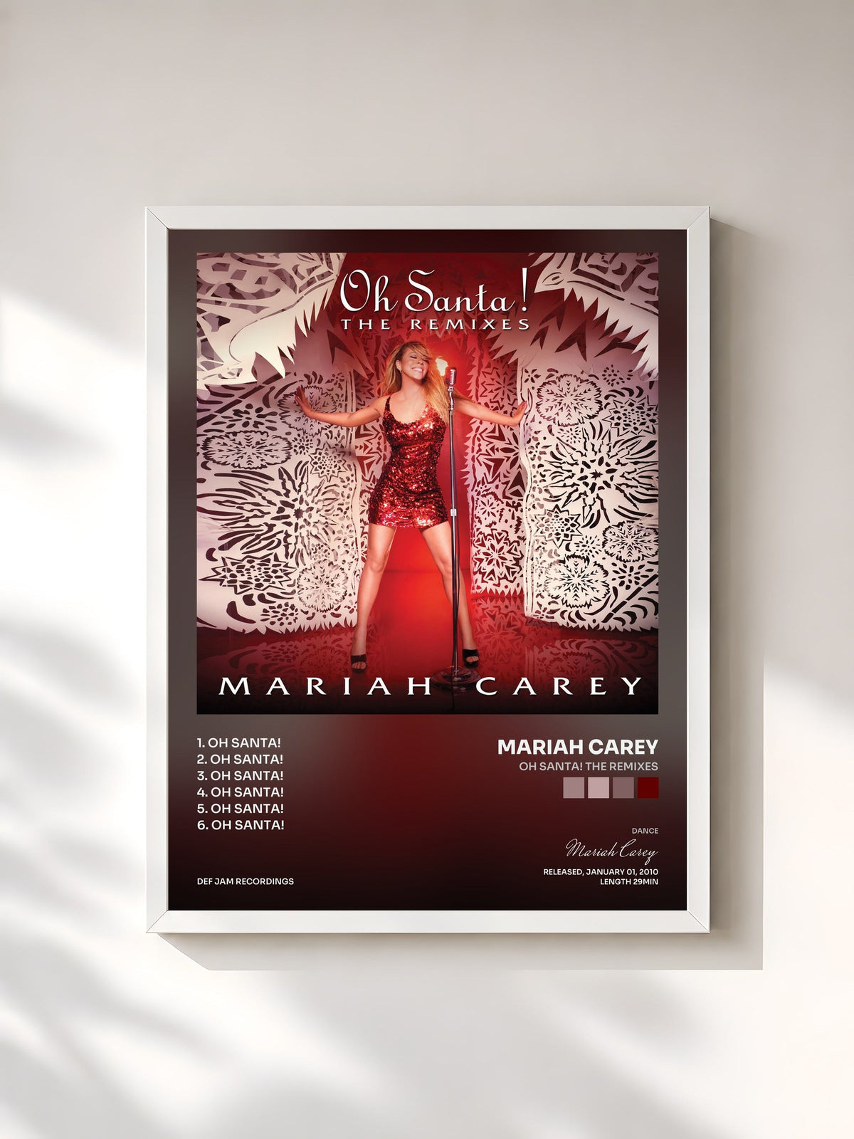 #blanc Tableau de l'album Oh Santa! The Remixes de Mariah Carey, cadre blanc, imprimé et encadré en France