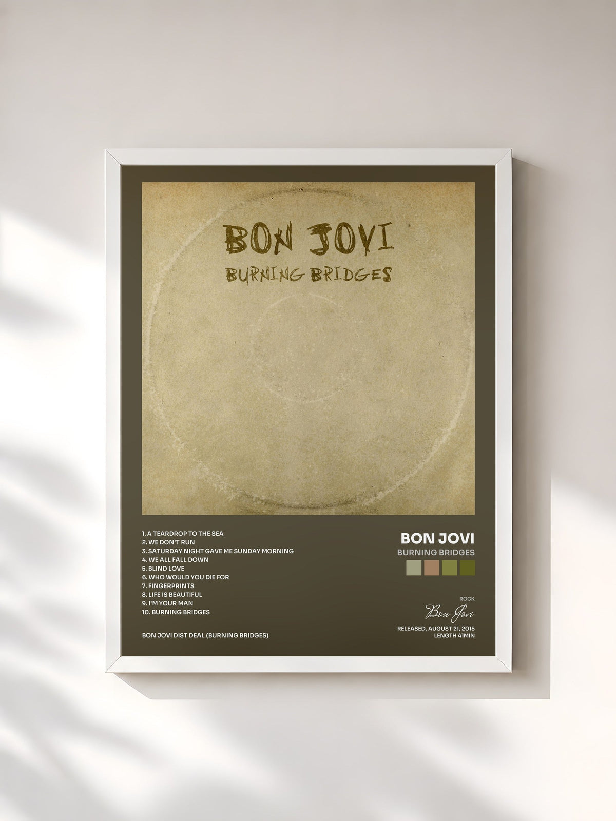 #blanc Burning Bridges by Bon Jovi as a framed art print, white frame, printed and framed in France