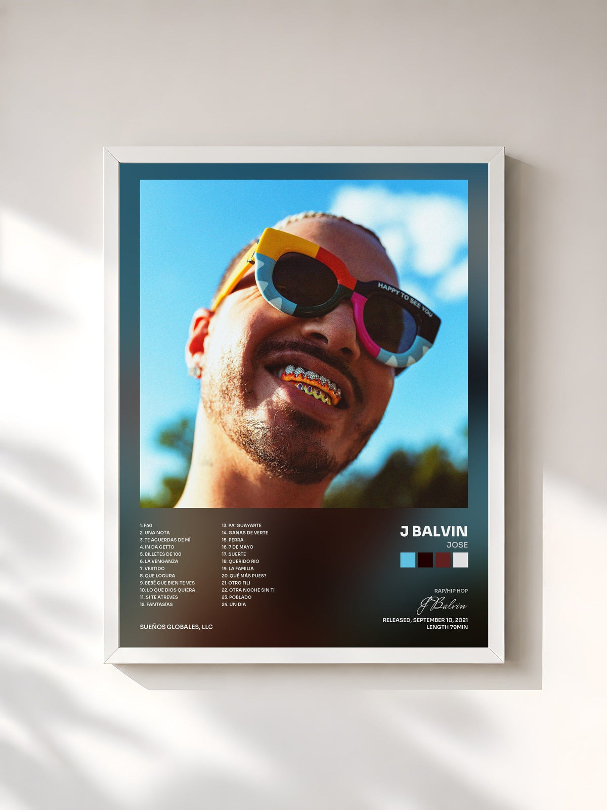 #blanc Tableau de l'album JOSE de J Balvin, cadre blanc, imprimé et encadré en France