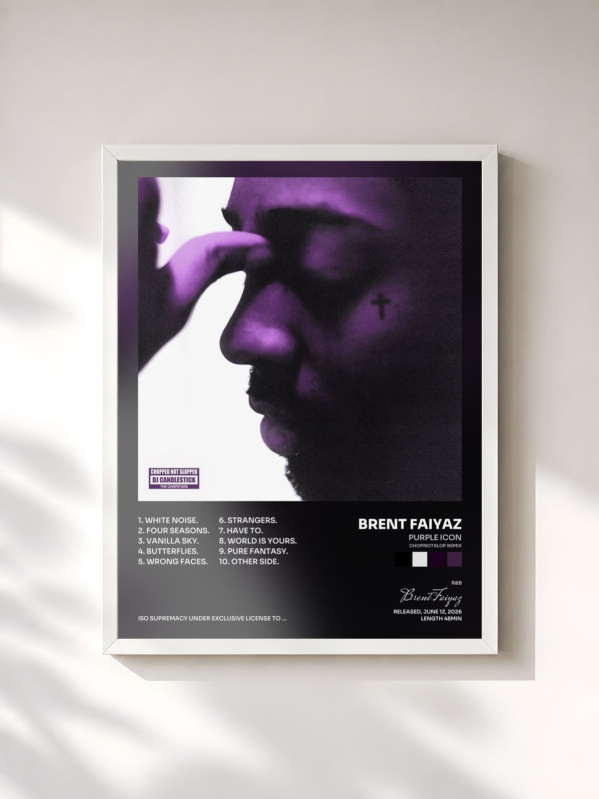 #blanc Tableau de l'album PURPLE ICON (CHOPNOTSLOP REMIX) de Brent Faiyaz, cadre blanc, imprimé et encadré en France