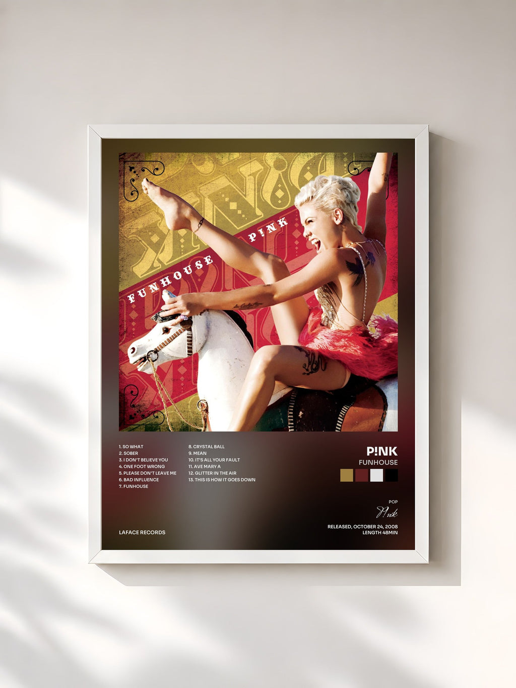 #blanc Funhouse de P!nk en lámina enmarcada, marco blanco, impresa y enmarcada en Francia