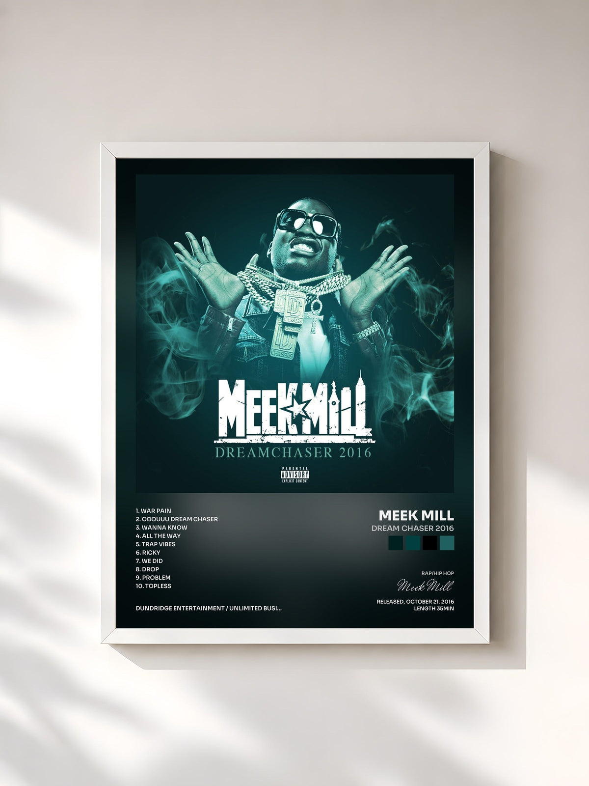 #blanc Tableau de l'album Dream Chaser 2016 de Meek Mill, cadre blanc, imprimé et encadré en France