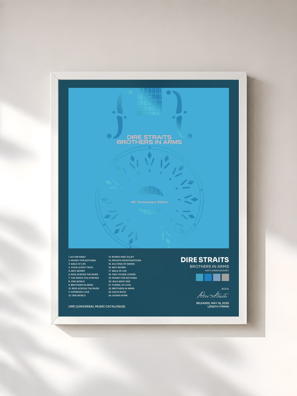 #blanc Tableau de l'album Brothers In Arms (40th Anniversary) de Dire Straits, cadre blanc, imprimé et encadré en France