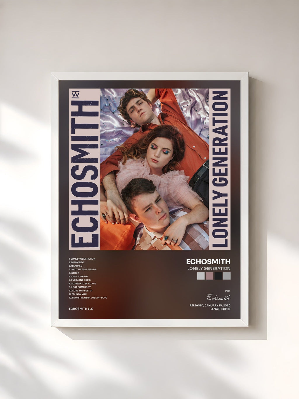 #blanc Tableau de l'album Lonely Generation de Echosmith, cadre blanc, imprimé et encadré en France