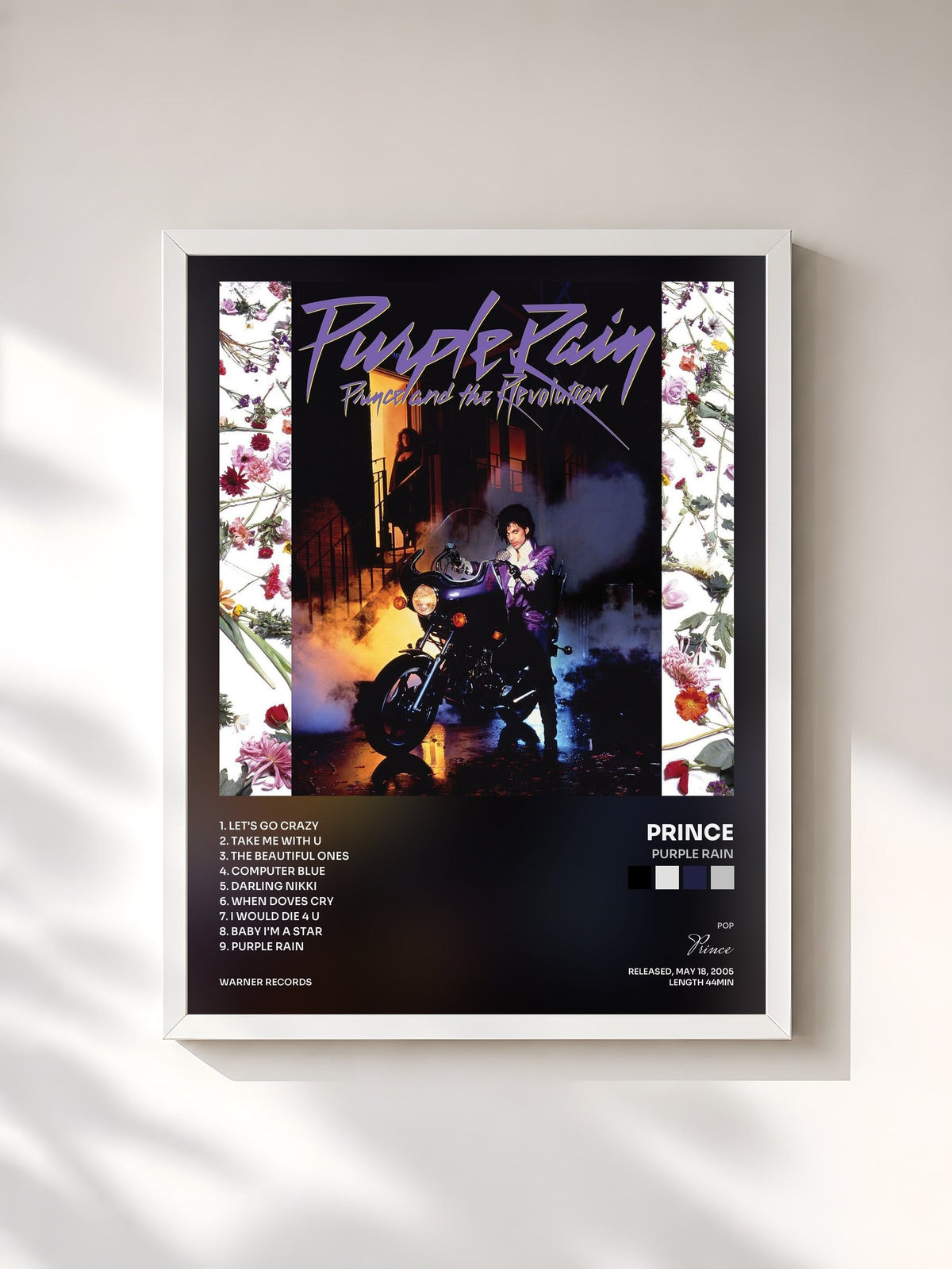 #blanc Tableau de l'album Purple Rain de Prince, cadre blanc, imprimé et encadré en France