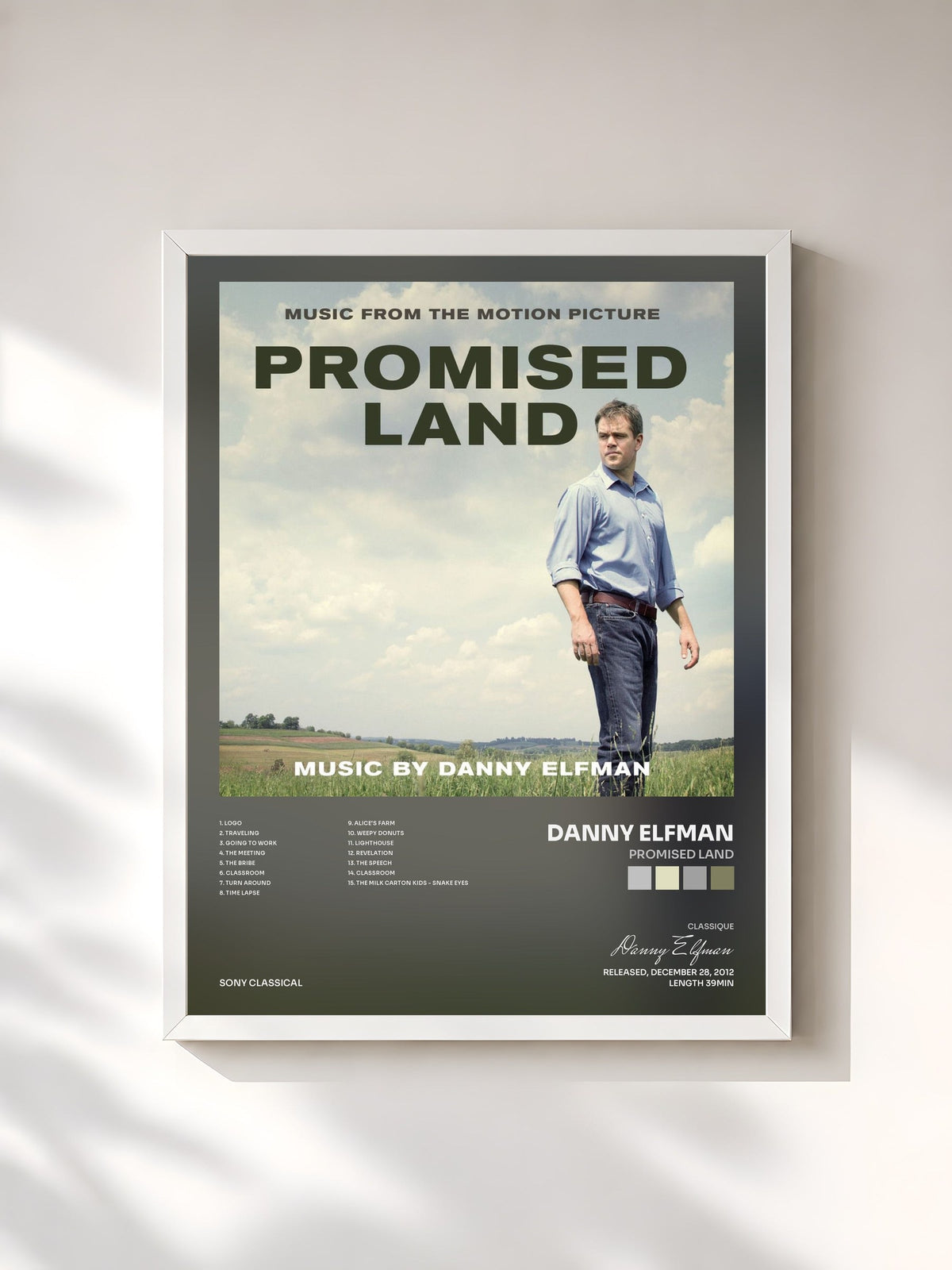#blanc Tableau de l'album Promised Land de Danny Elfman, cadre blanc, imprimé et encadré en France