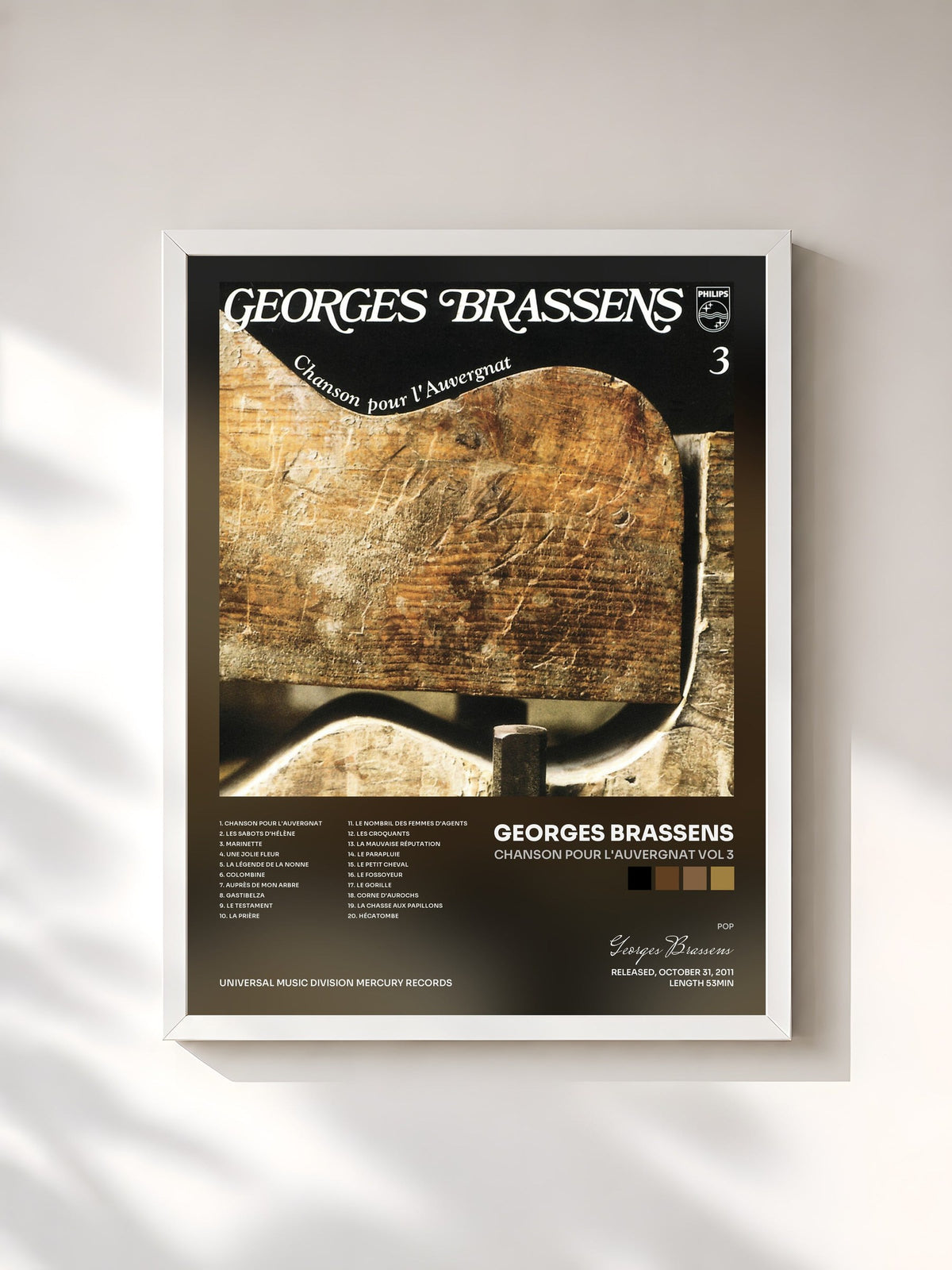 #blanc Tableau de l'album Chanson Pour L'Auvergnat Vol 3 de Georges Brassens, cadre blanc, imprimé et encadré en France