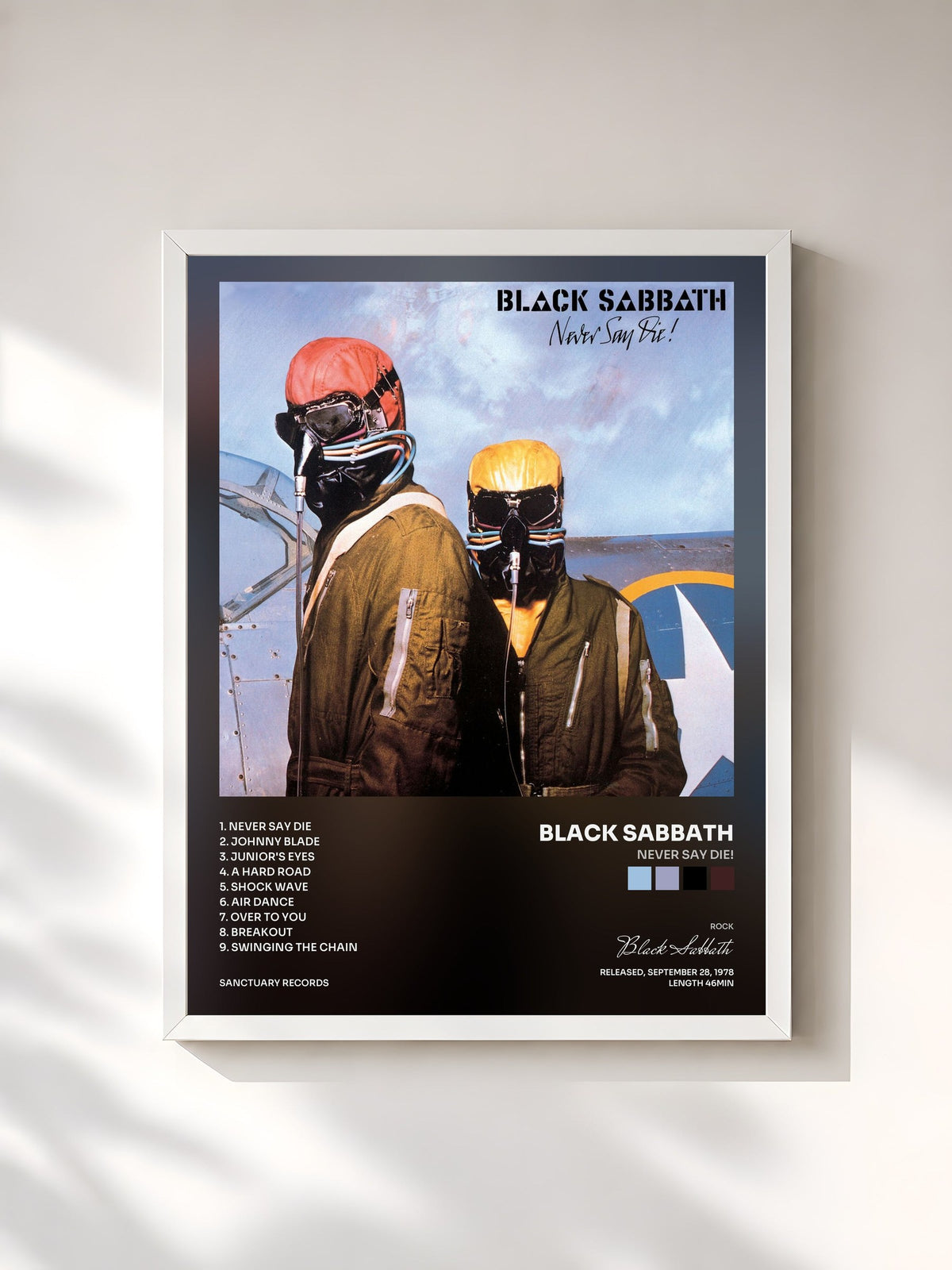 #blanc Tableau de l'album Never Say Die! de Black Sabbath, cadre blanc, imprimé et encadré en France
