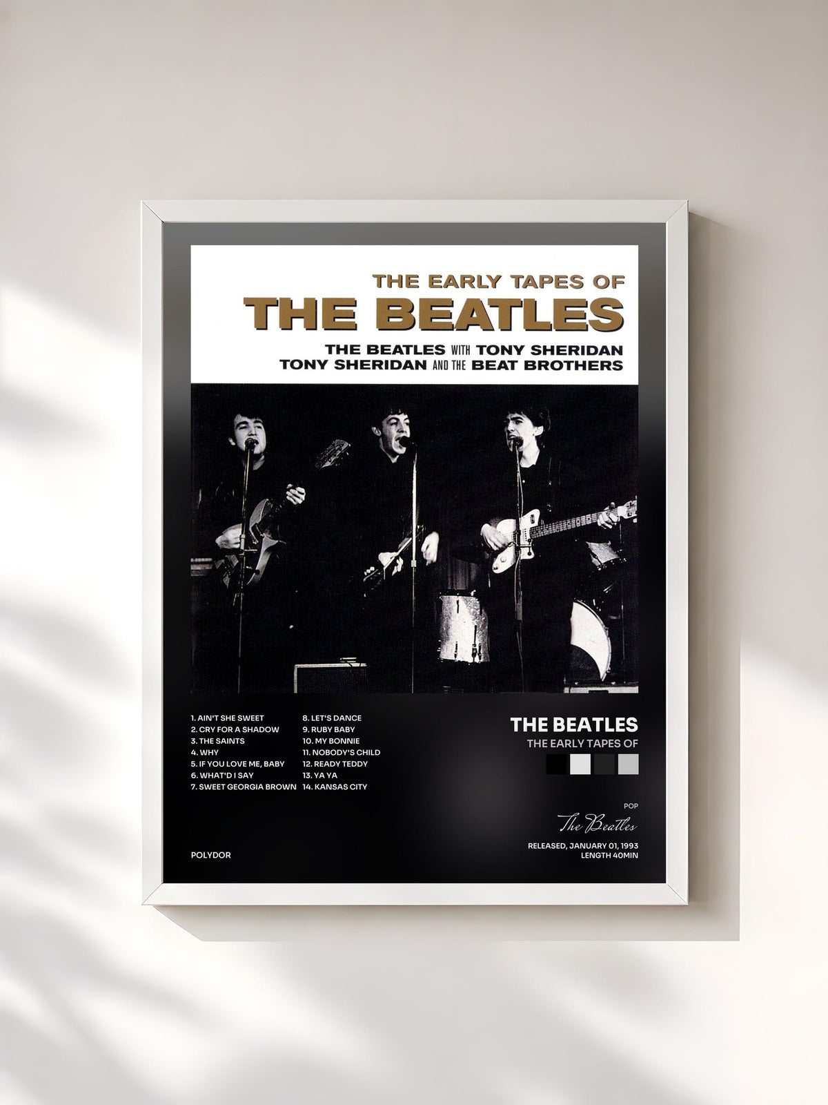 #blanc Tableau de l'album The Early Tapes Of de The Beatles, cadre blanc, imprimé et encadré en France