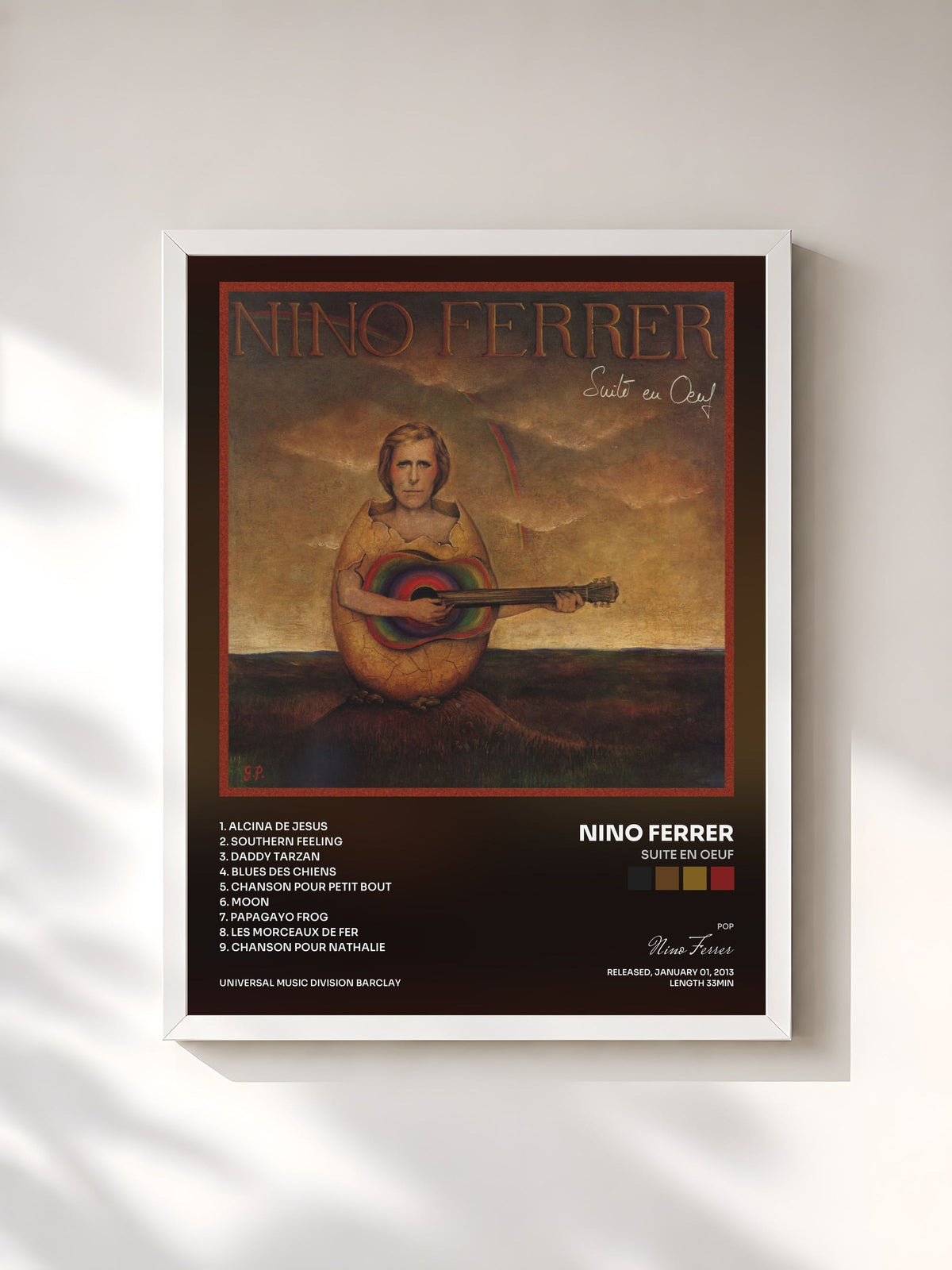 #blanc Tableau de l'album Suite En Oeuf de Nino Ferrer, cadre blanc, imprimé et encadré en France