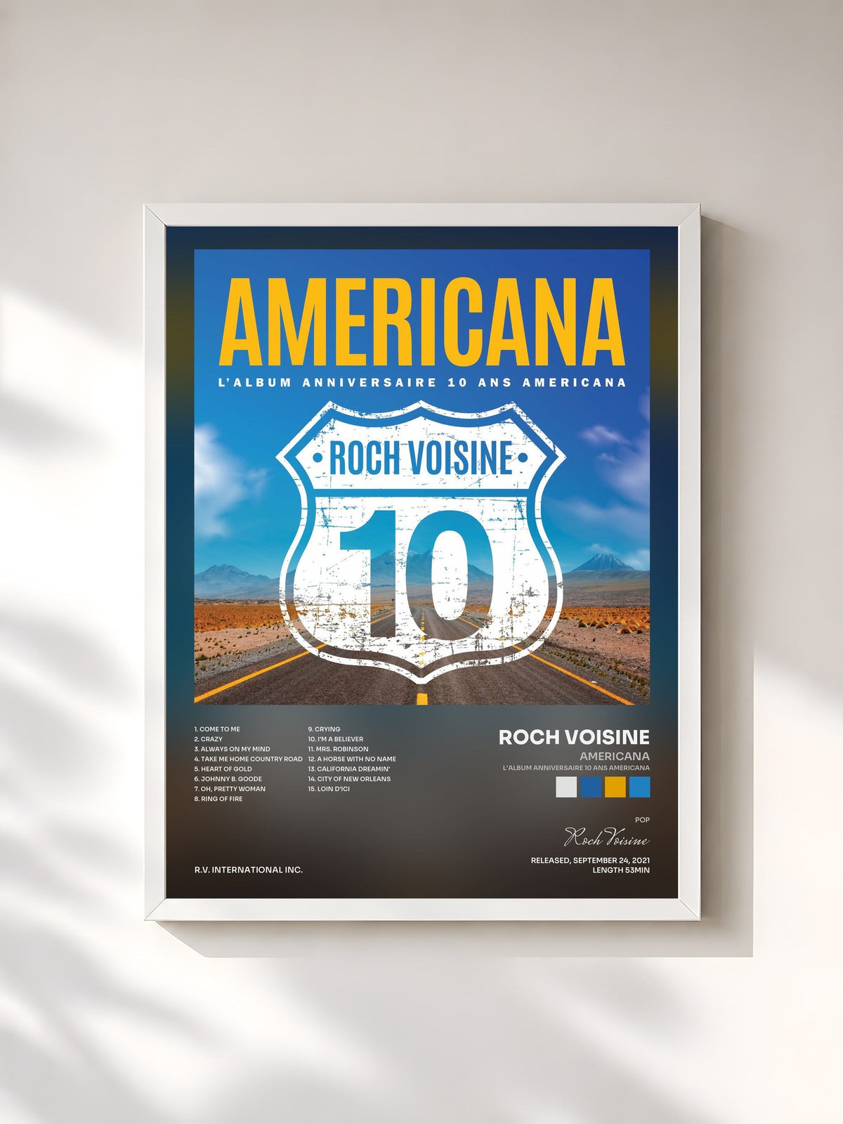 #blanc Tableau de l'album Americana (L'album anniversaire 10 ans Americana) de Roch Voisine, cadre blanc, imprimé et encadré en France