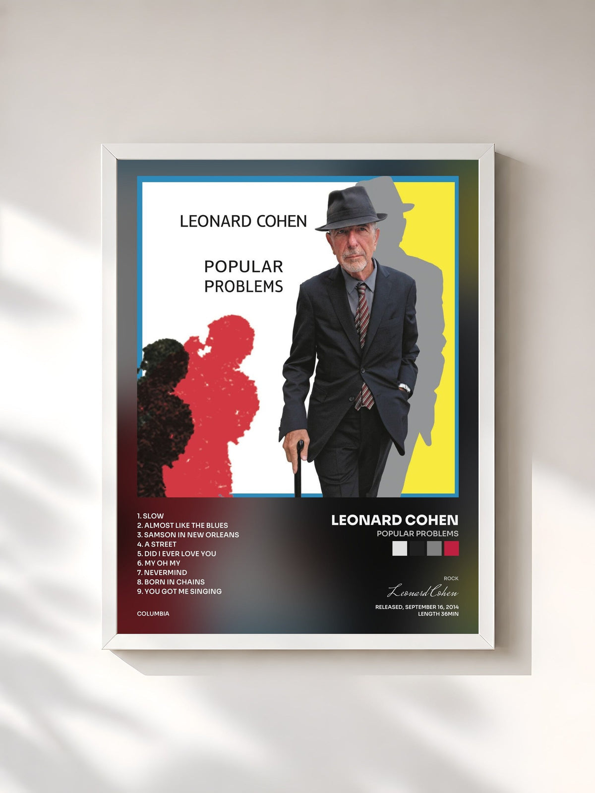 #blanc Tableau de l'album Popular Problems de Leonard Cohen, cadre blanc, imprimé et encadré en France