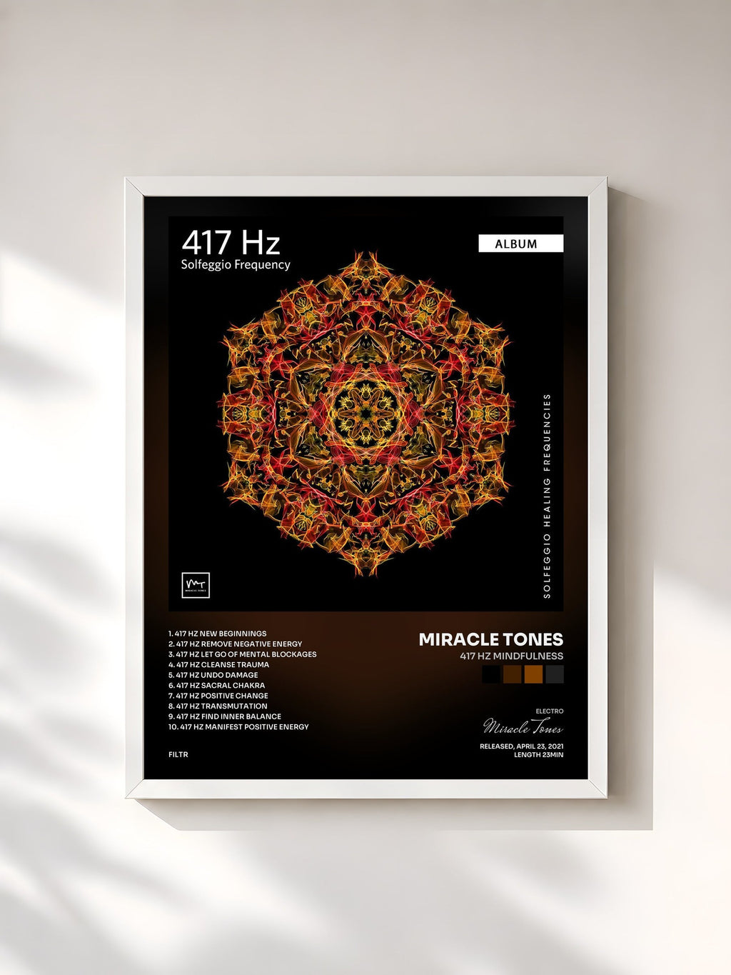#blanc Tableau de l'album 417 Hz Mindfulness de Miracle Tones, cadre blanc, imprimé et encadré en France
