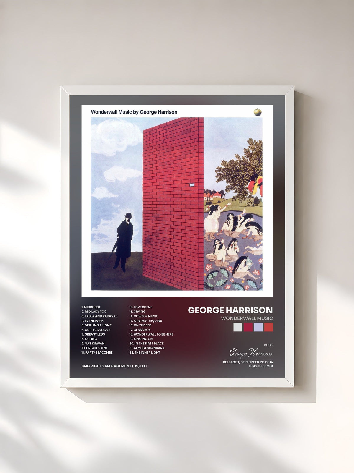 #blanc Tableau de l'album Wonderwall Music de George Harrison, cadre blanc, imprimé et encadré en France