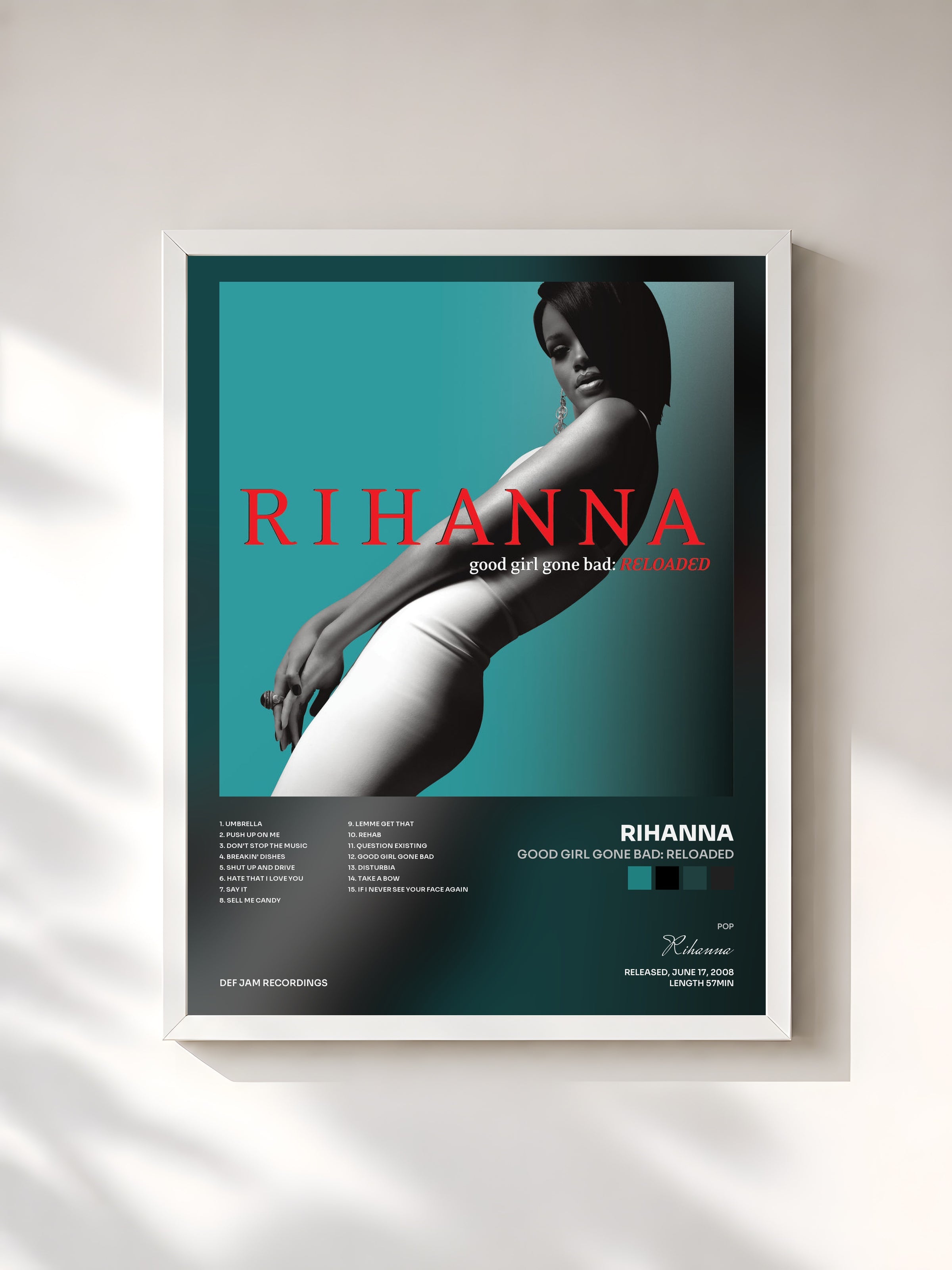 #blanc Tableau de l'album Good Girl Gone Bad: Reloaded de Rihanna, cadre blanc, imprimé et encadré en France
