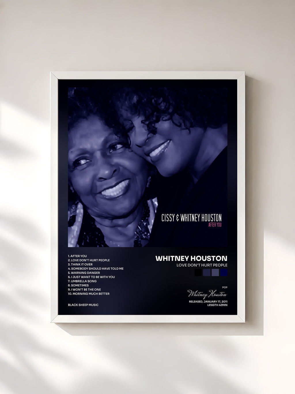 #blanc Tableau de l'album Love Don't Hurt People de Whitney Houston, cadre blanc, imprimé et encadré en France
