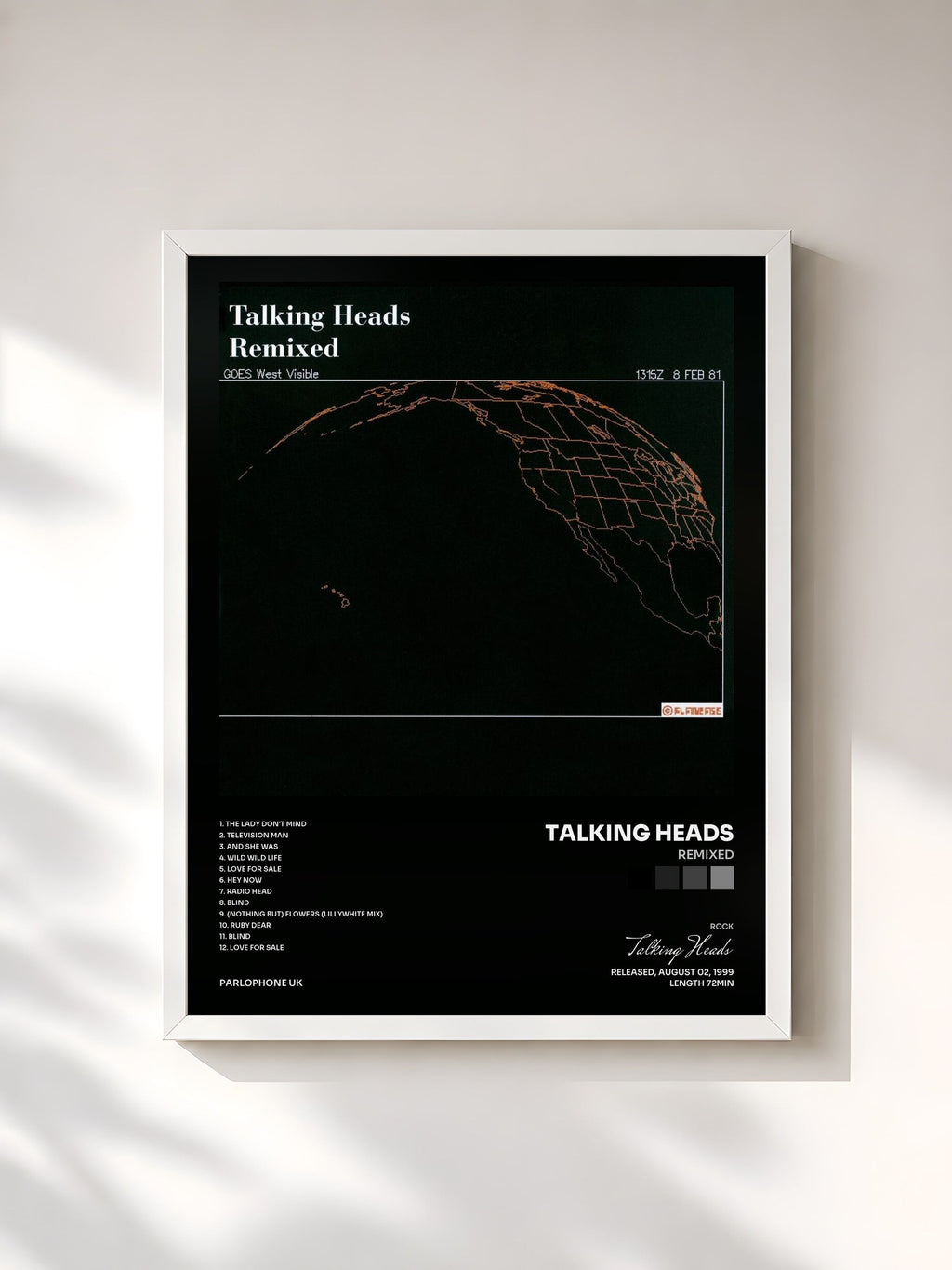 #blanc Tableau de l'album Remixed de Talking Heads, cadre blanc, imprimé et encadré en France
