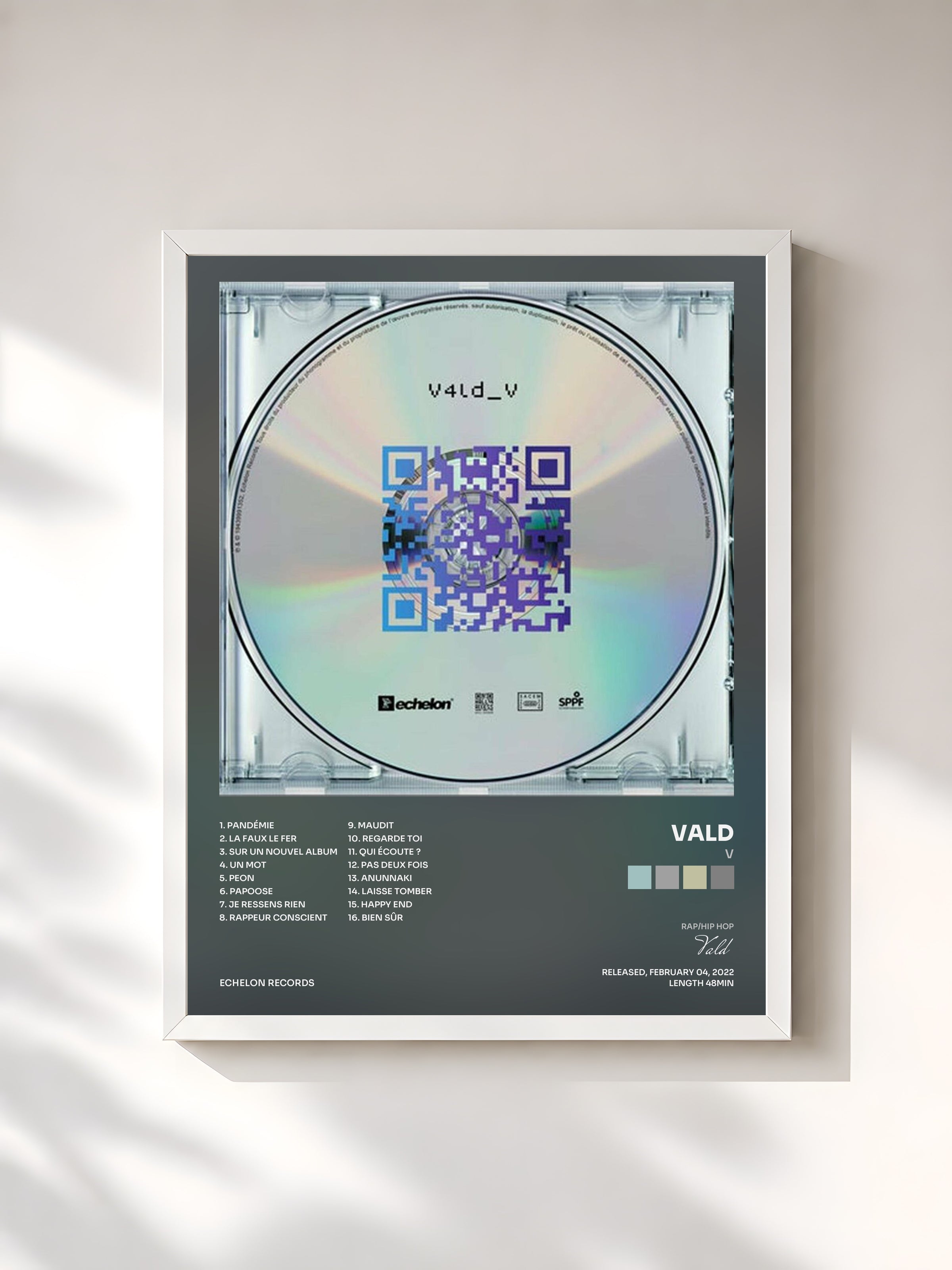 #blanc Tableau de l'album V de Vald, cadre blanc, imprimé et encadré en France