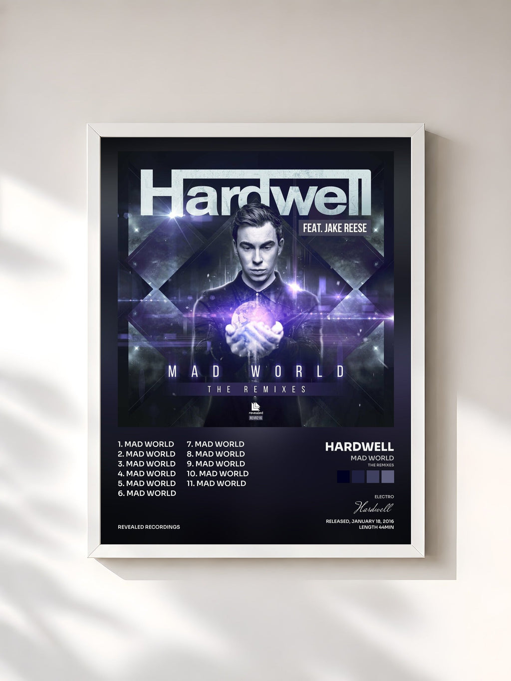 #blanc Tableau de l'album Mad World (The Remixes) de Hardwell, cadre blanc, imprimé et encadré en France