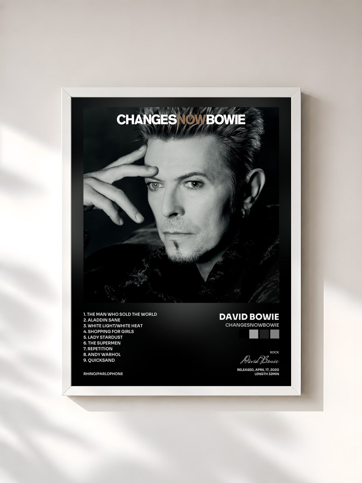 #blanc Tableau de l'album ChangesNowBowie de David Bowie, cadre blanc, imprimé et encadré en France