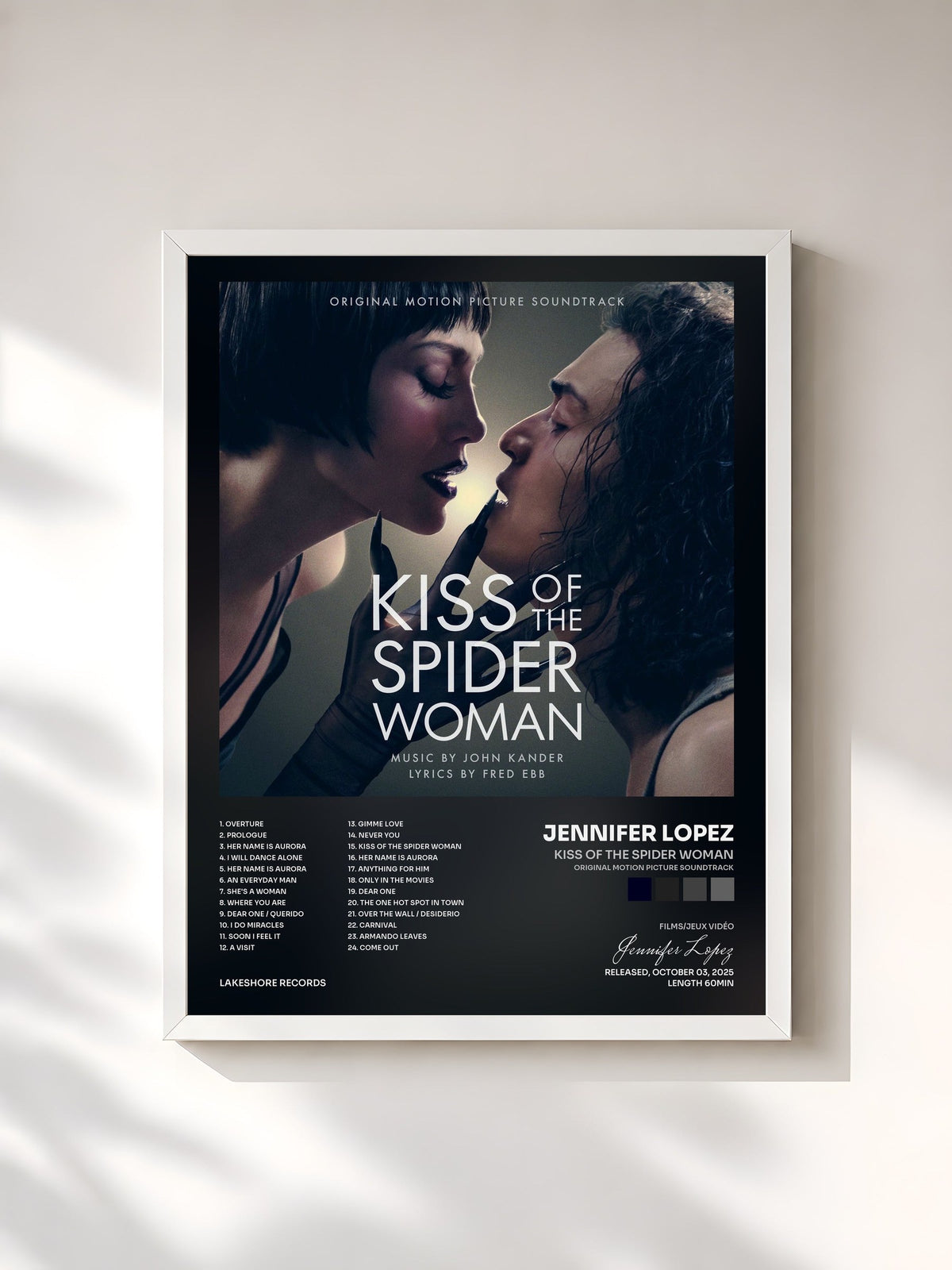 #blanc Tableau de l'album Kiss of the Spider Woman (Original Motion Picture Soundtrack) de Jennifer Lopez, cadre blanc, imprimé et encadré en France