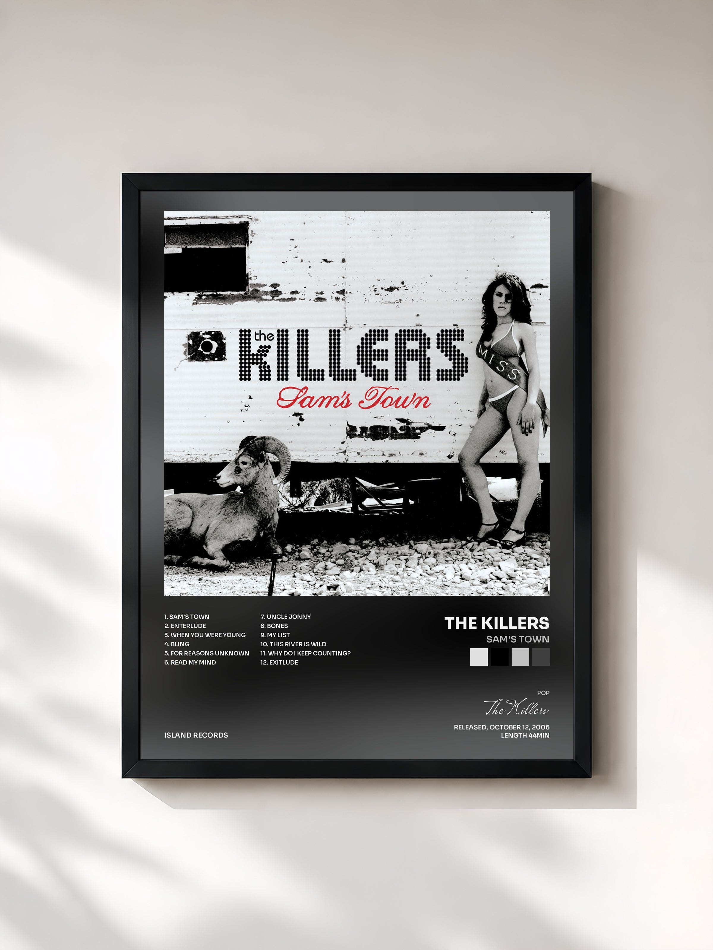 #noir Sam's Town by The Killers as a framed art print, black frame, printed and framed in France