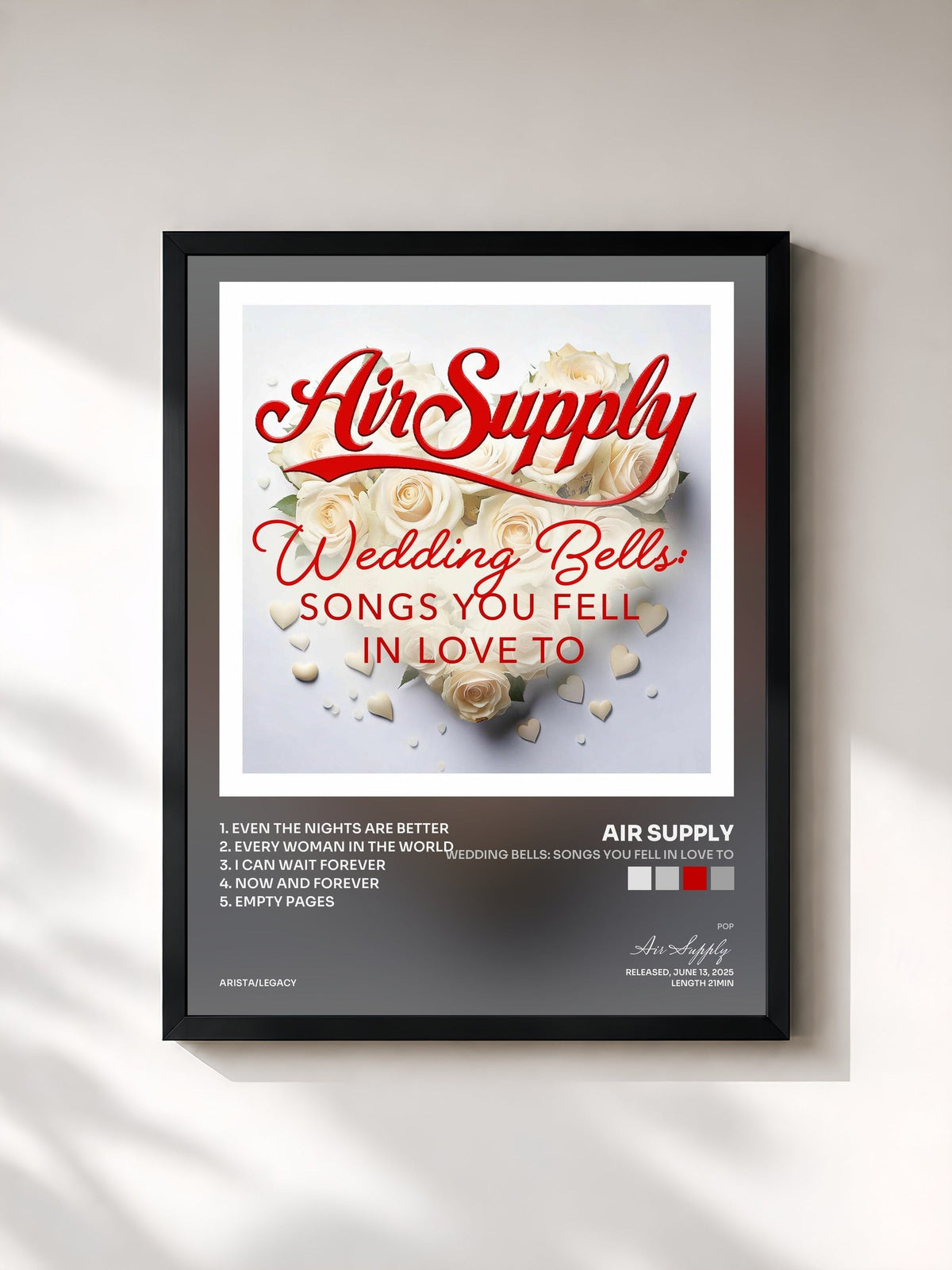 #noir Wedding Bells: Songs You Fell In Love To by Air Supply as a framed art print, black frame, printed and framed in France