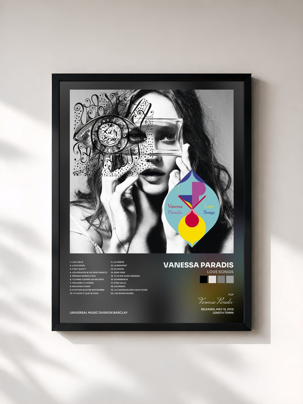#noir Love Songs by Vanessa Paradis as a framed art print, black frame, printed and framed in France