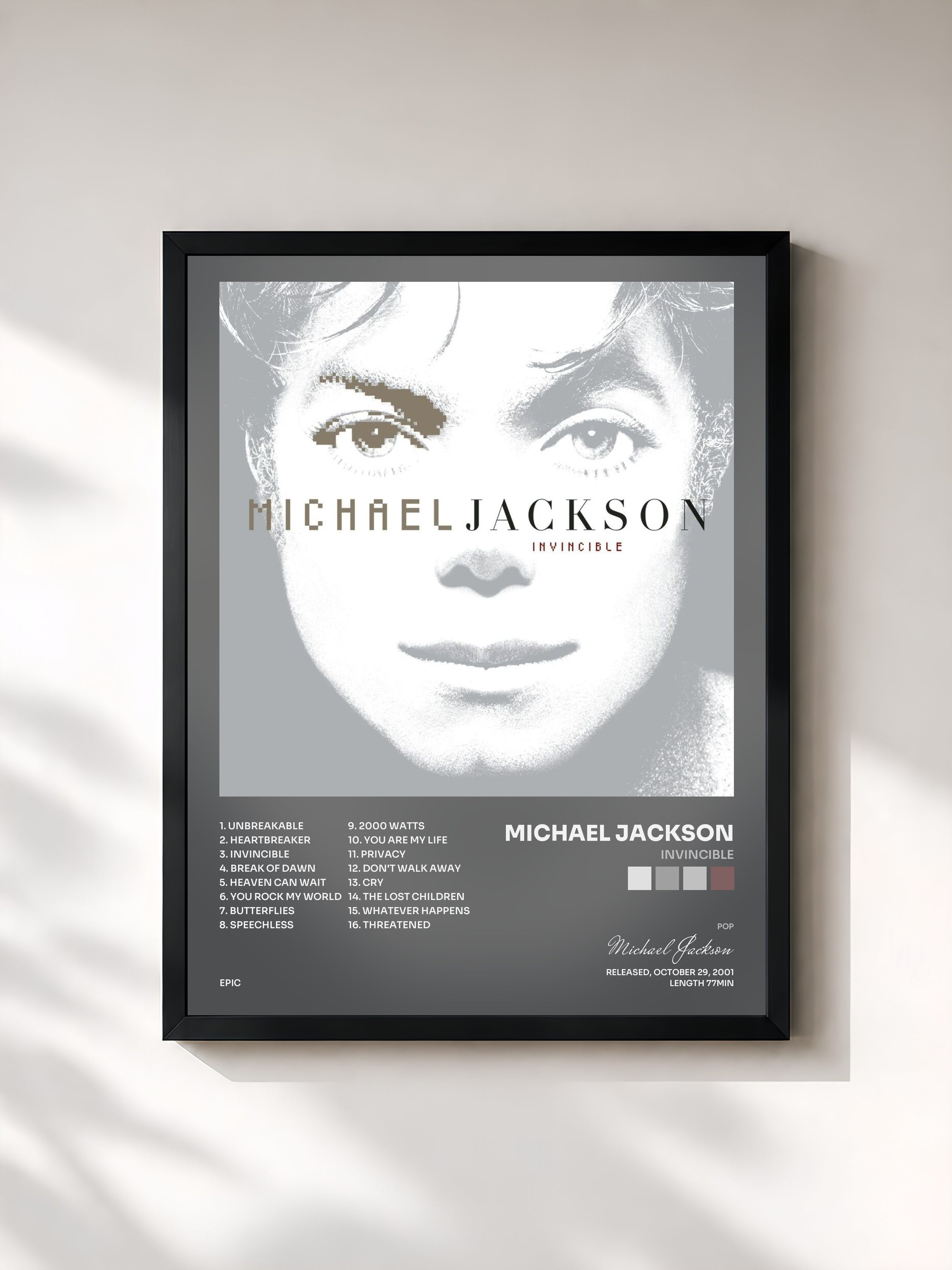 #noir Tableau de l'album Invincible de Michael Jackson, cadre noir, imprimé et encadré en France