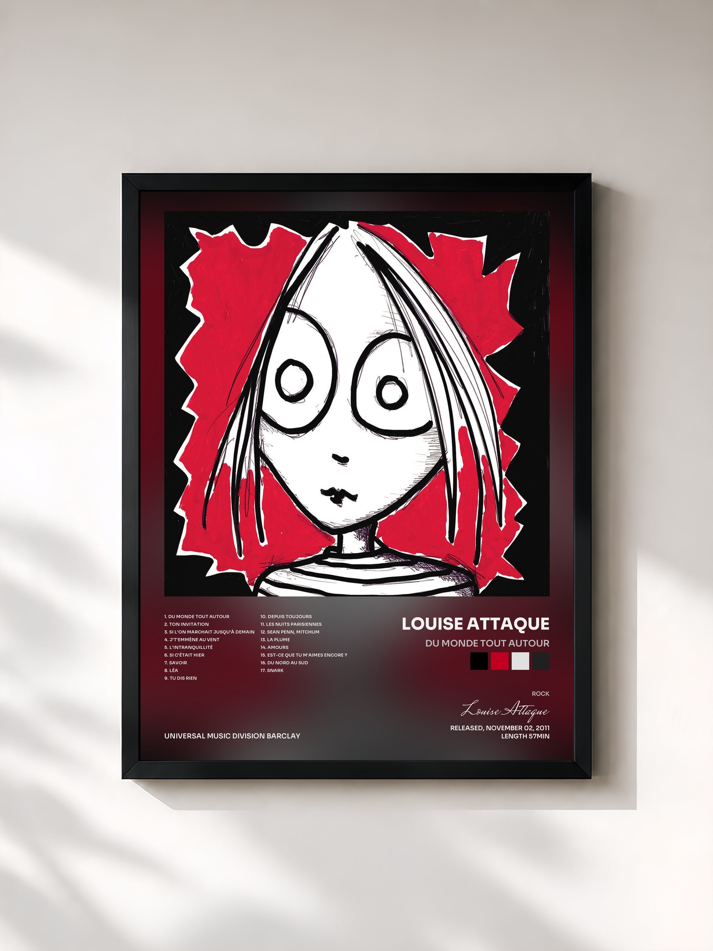 #noir Du Monde Tout Autour by Louise Attaque as a framed art print, black frame, printed and framed in France