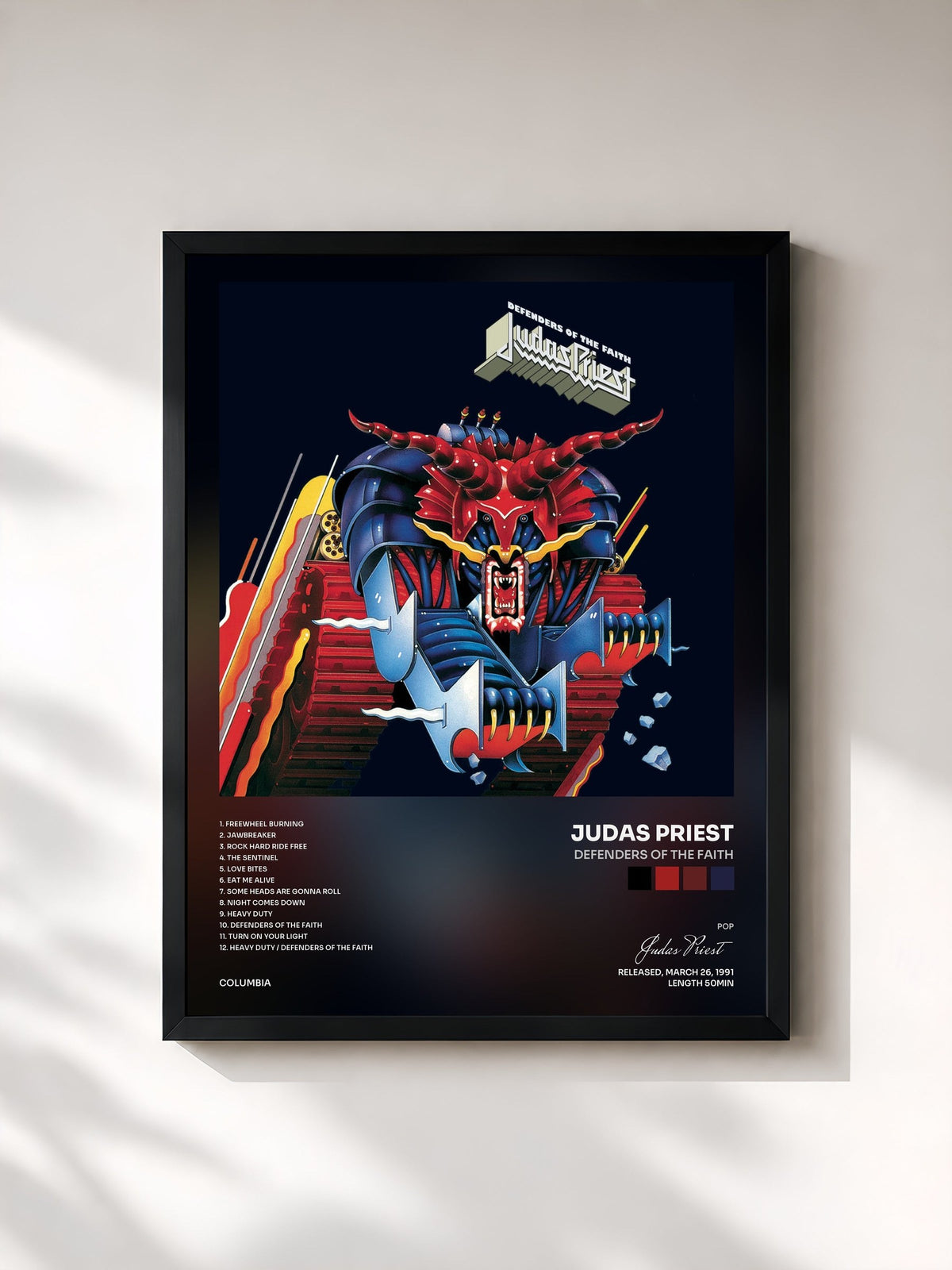 #noir Tableau de l'album Defenders Of The Faith de Judas Priest, cadre noir, imprimé et encadré en France