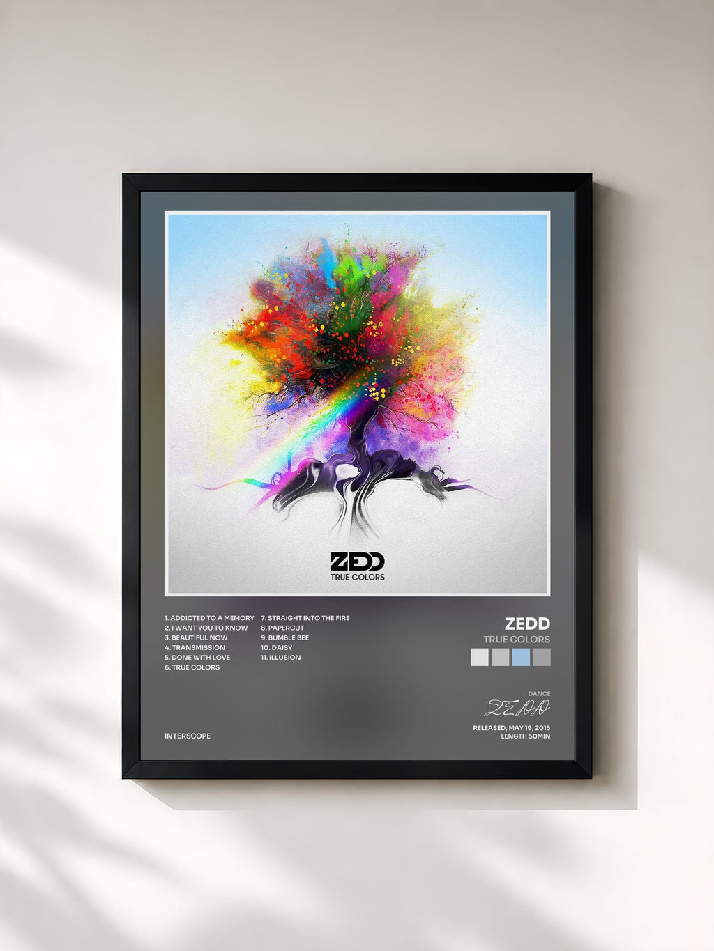 #noir Tableau de l'album True Colors de ZEDD, cadre noir, imprimé et encadré en France