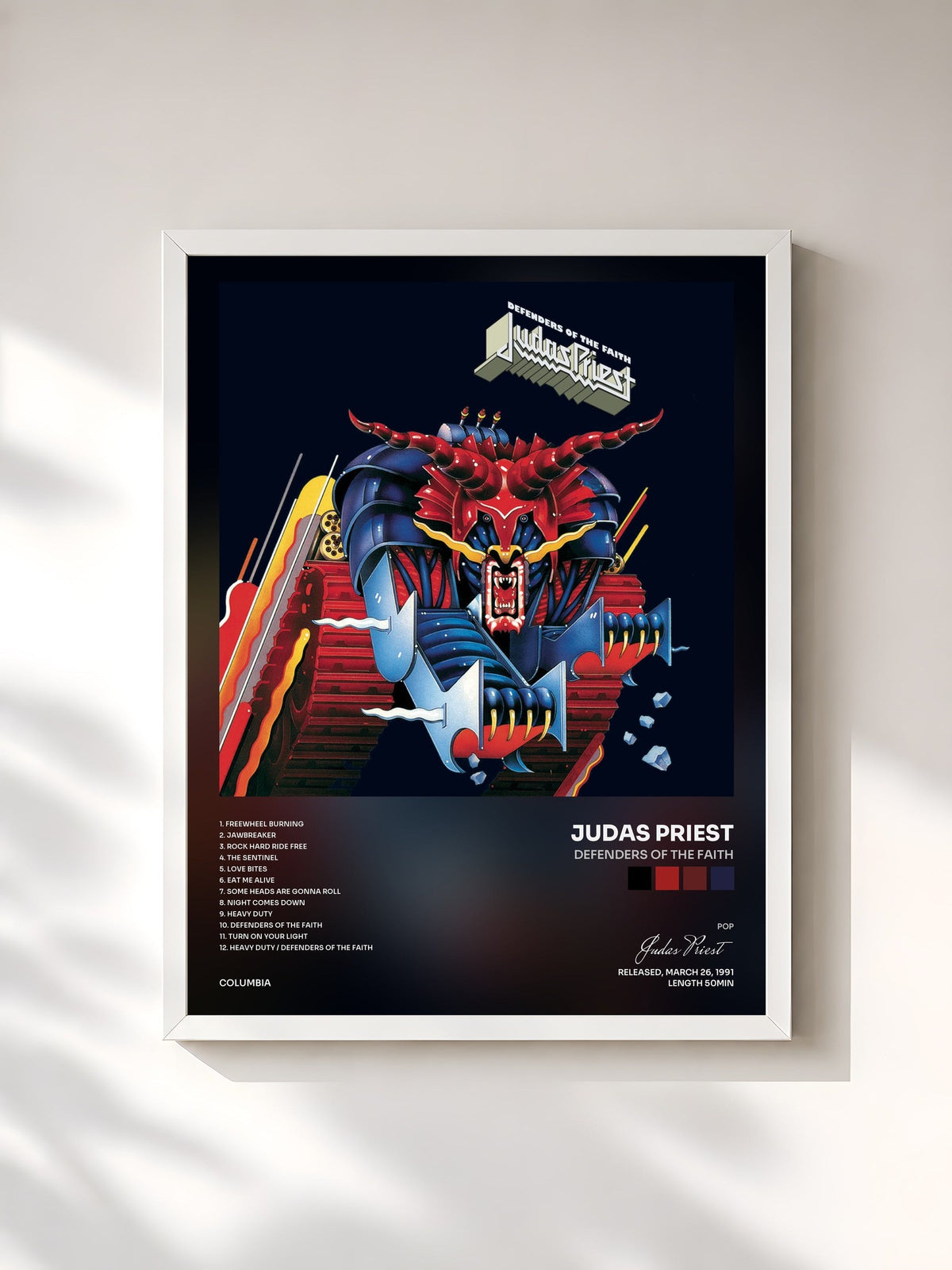 #blanc Tableau de l'album Defenders Of The Faith de Judas Priest, cadre blanc, imprimé et encadré en France