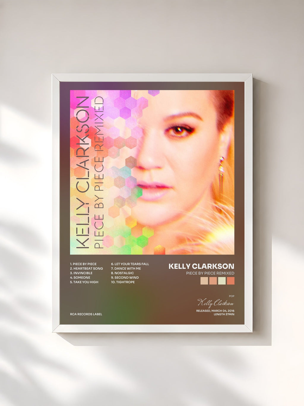 #blanc Tableau de l'album Piece By Piece Remixed de Kelly Clarkson, cadre blanc, imprimé et encadré en France
