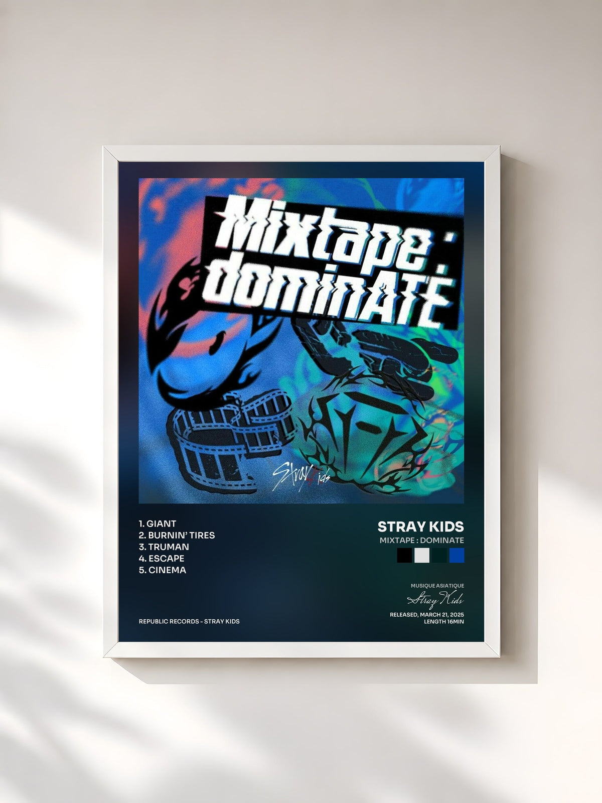 #blanc Tableau de l'album Mixtape : dominATE de Stray Kids, cadre blanc, imprimé et encadré en France