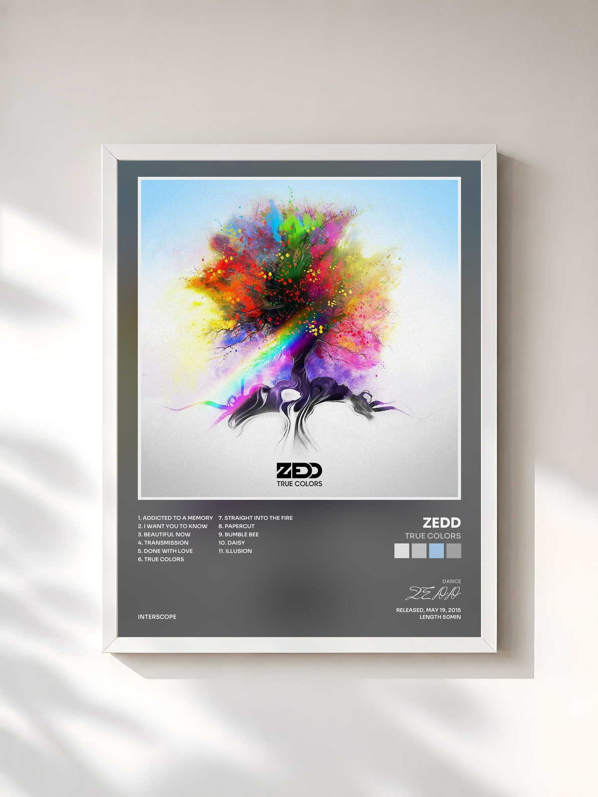 #blanc Tableau de l'album True Colors de ZEDD, cadre blanc, imprimé et encadré en France