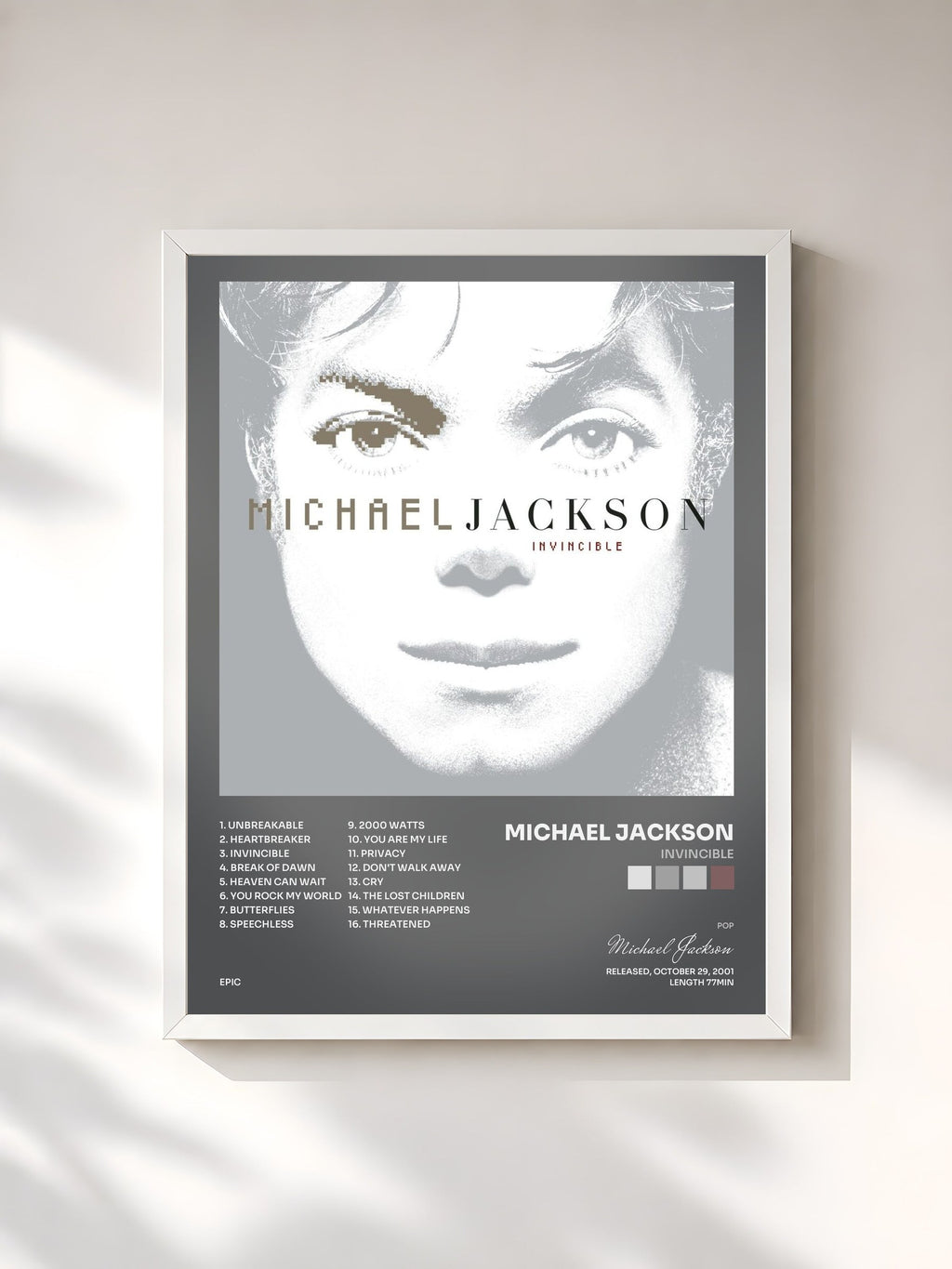 #blanc Invincible von Michael Jackson als gerahmter Kunstdruck, weißer Rahmen, gedruckt und gerahmt in Frankreich