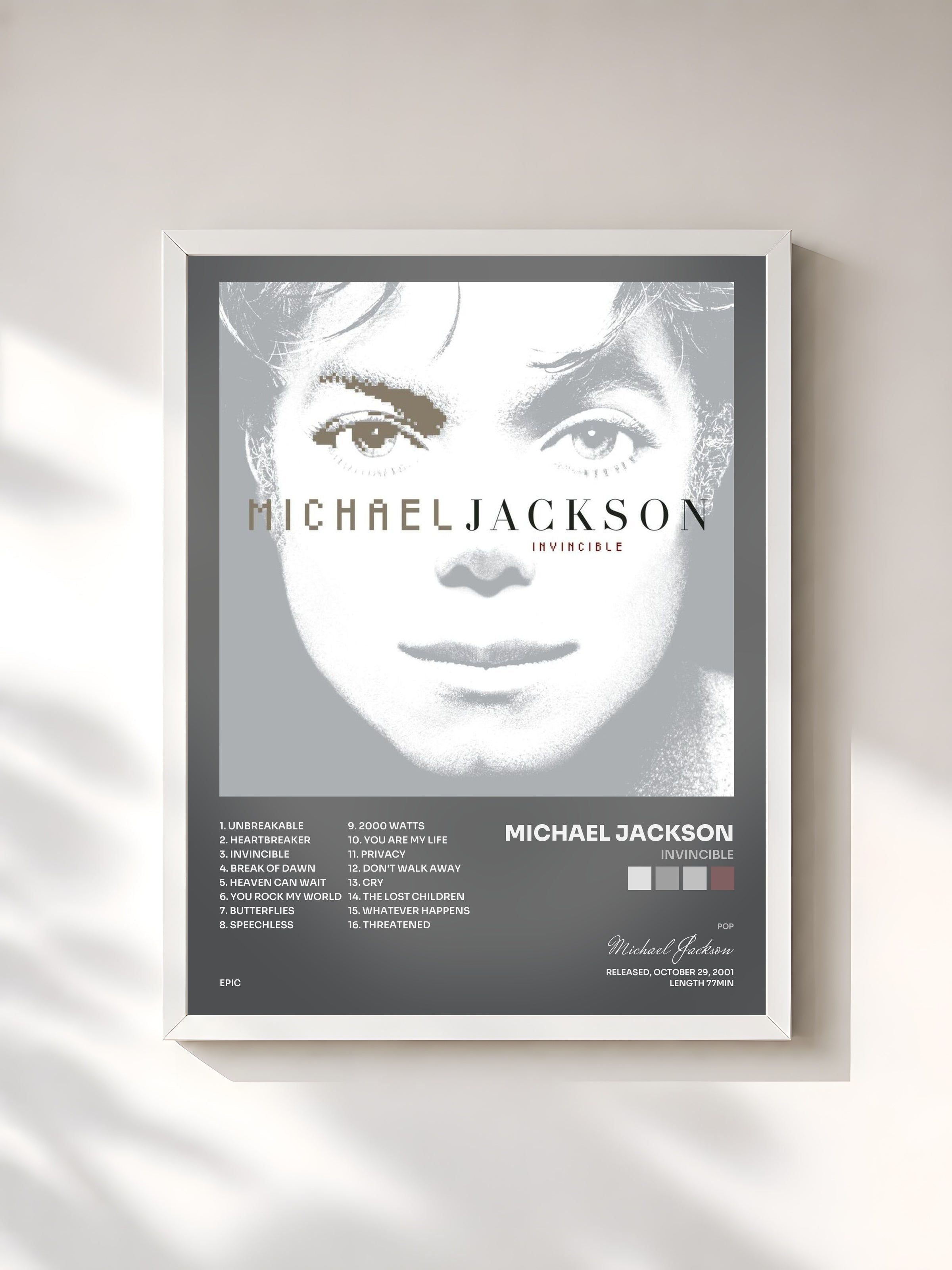 #blanc Tableau de l'album Invincible de Michael Jackson, cadre blanc, imprimé et encadré en France