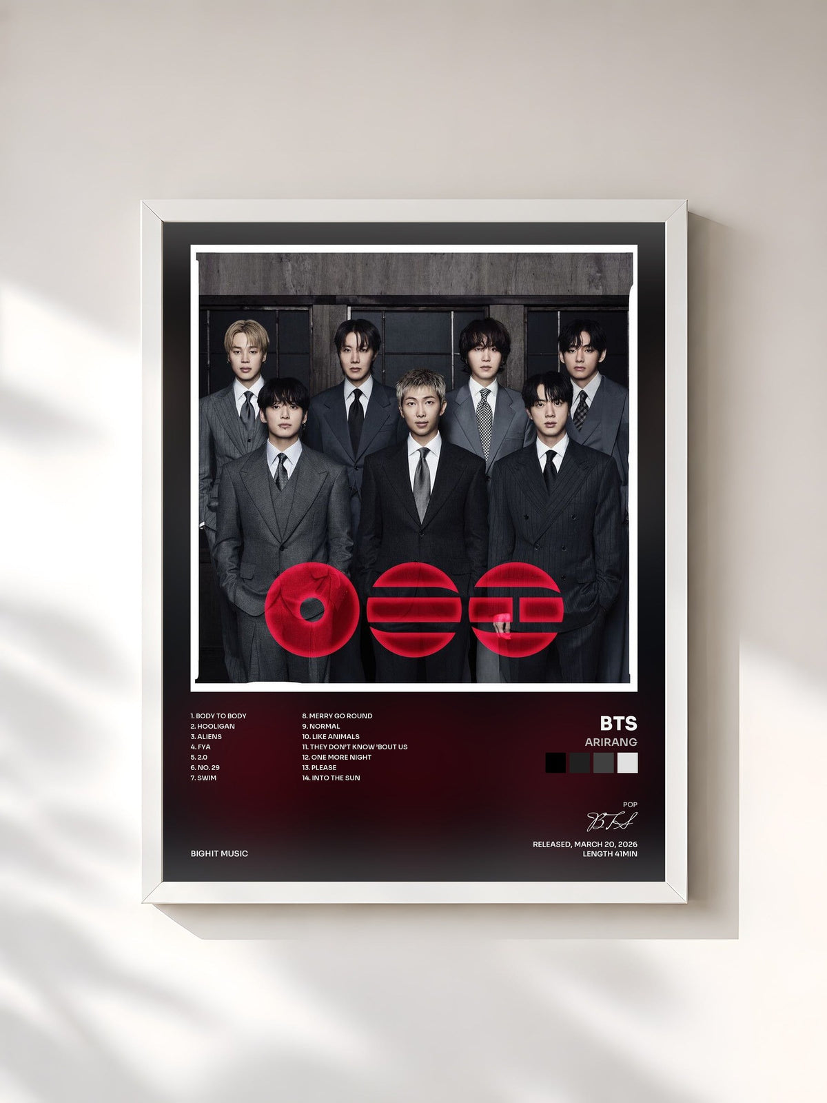 #blanc Tableau de l'album ARIRANG de BTS, cadre blanc, imprimé et encadré en France