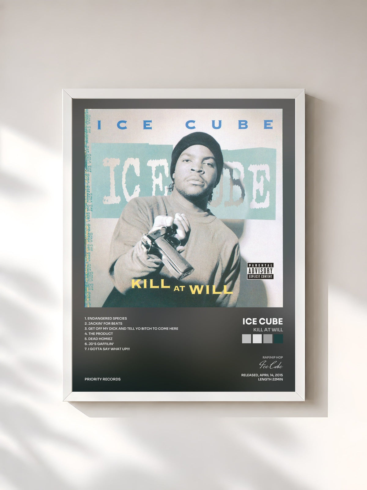 #blanc Tableau de l'album Kill At Will de Ice Cube, cadre blanc, imprimé et encadré en France