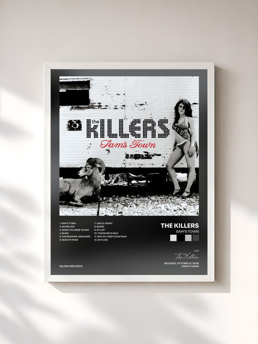 #blanc Tableau de l'album Sam's Town de The Killers, cadre blanc, imprimé et encadré en France