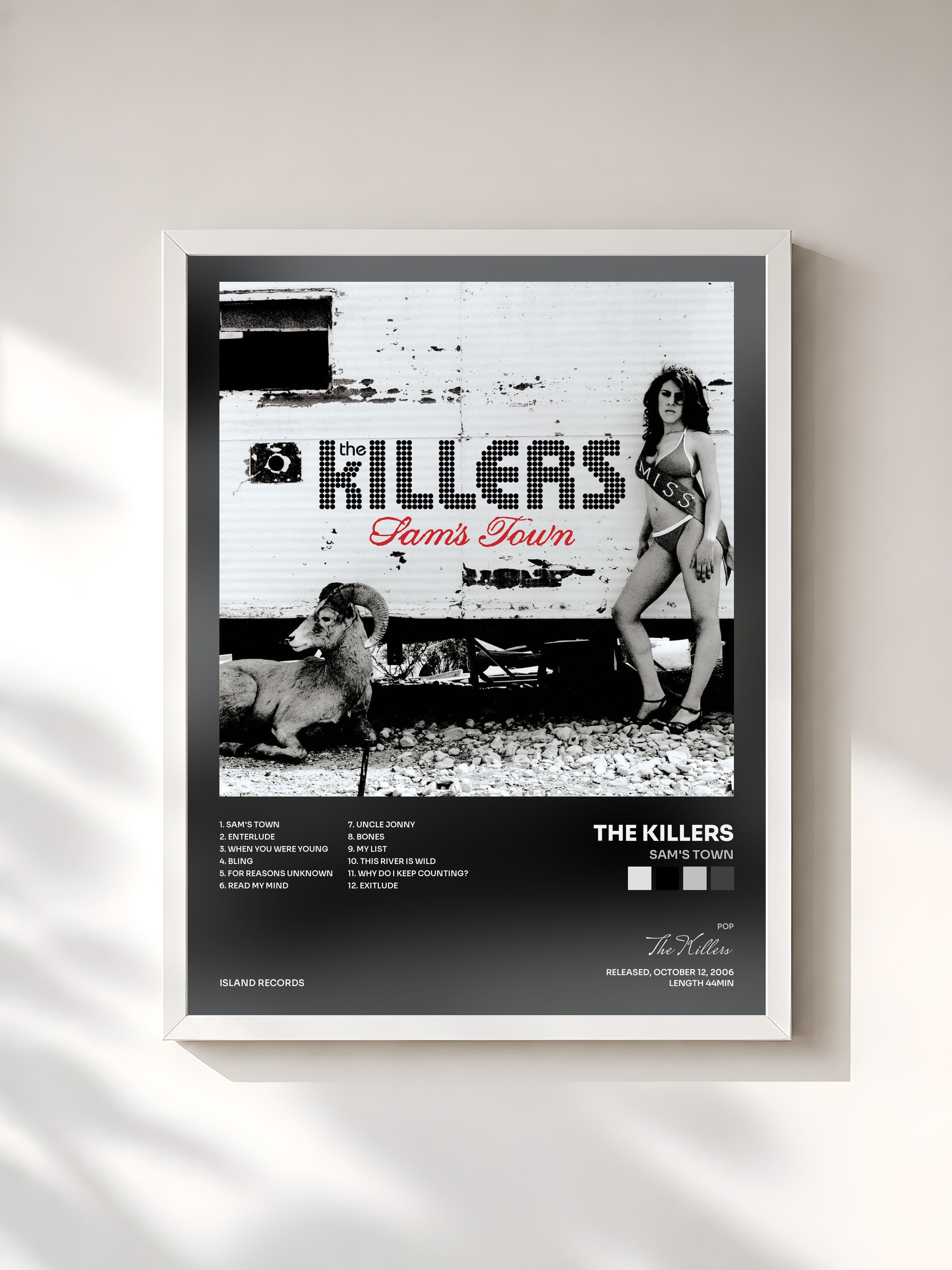 #blanc Sam's Town by The Killers as a framed art print, white frame, printed and framed in France