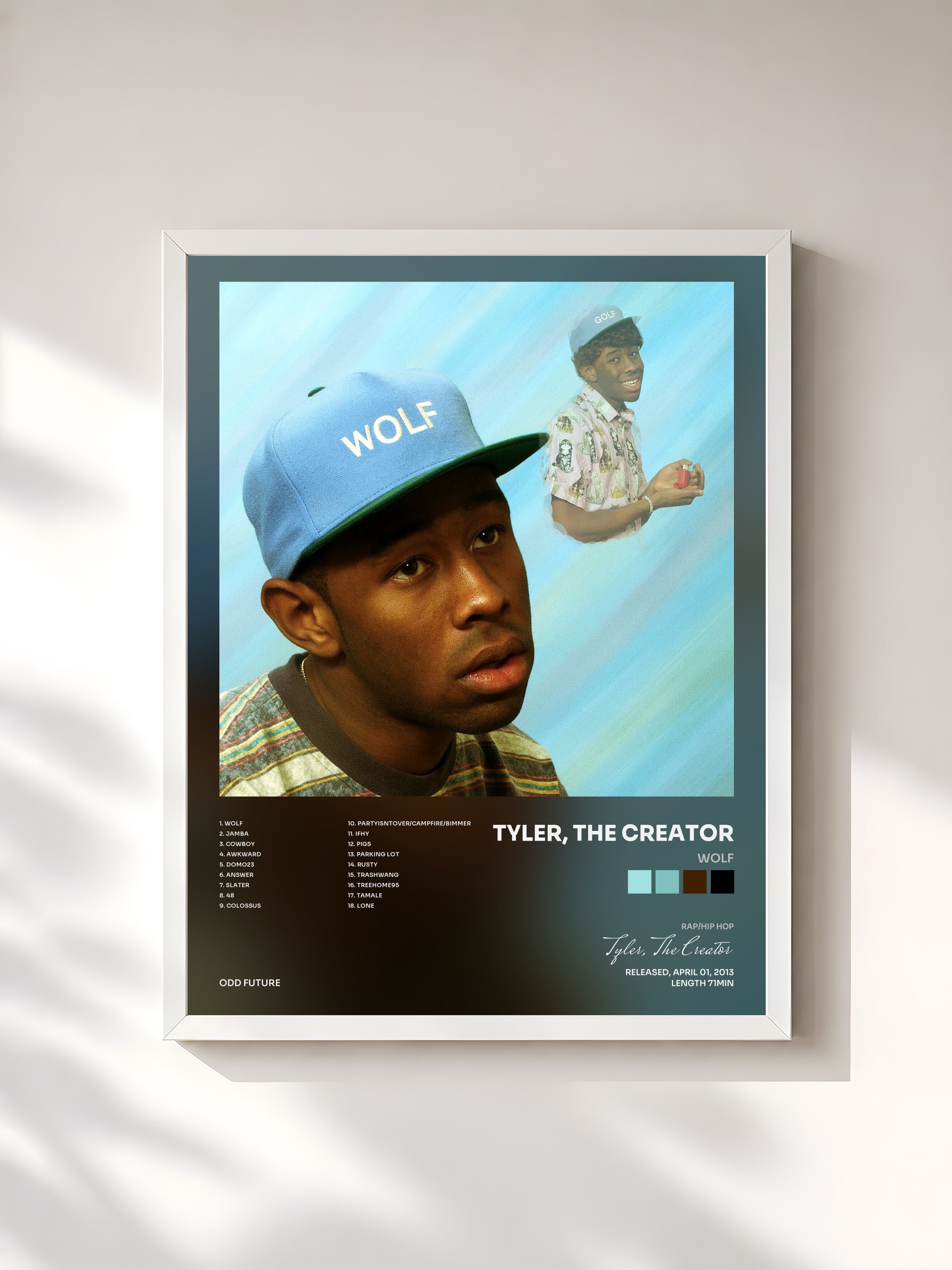 #blanc Wolf de Tyler, The Creator en lámina enmarcada, marco blanco, impresa y enmarcada en Francia