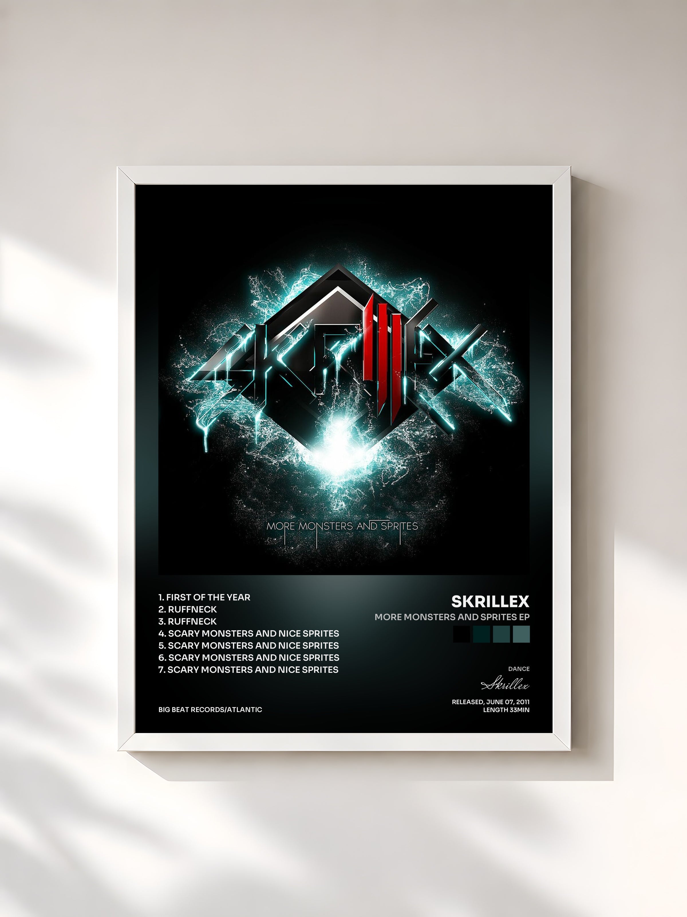 #blanc Tableau de l'album More Monsters and Sprites EP de Skrillex, cadre blanc, imprimé et encadré en France