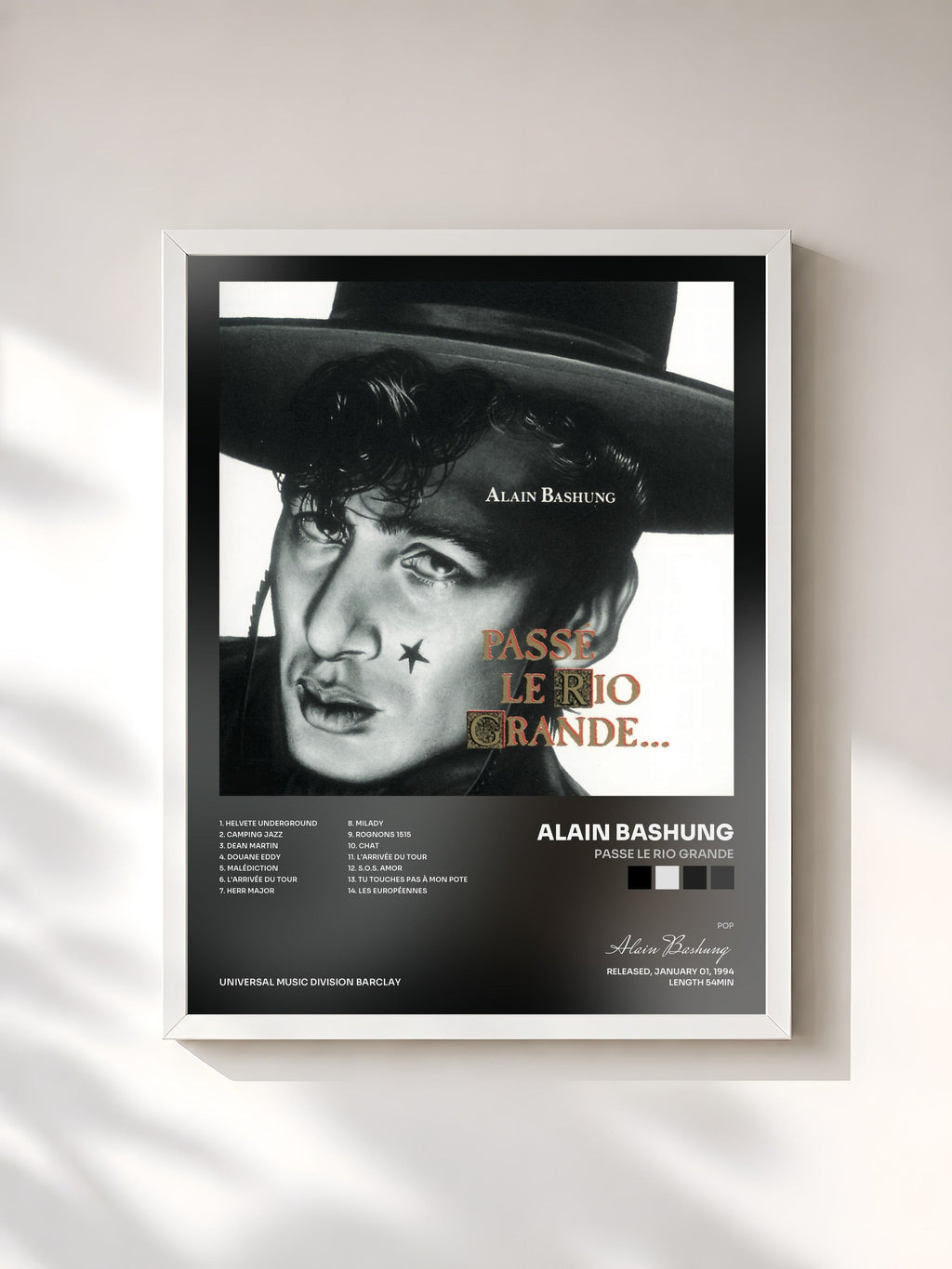 #blanc Passe Le Rio Grande by Alain Bashung as a framed art print, white frame, printed and framed in France